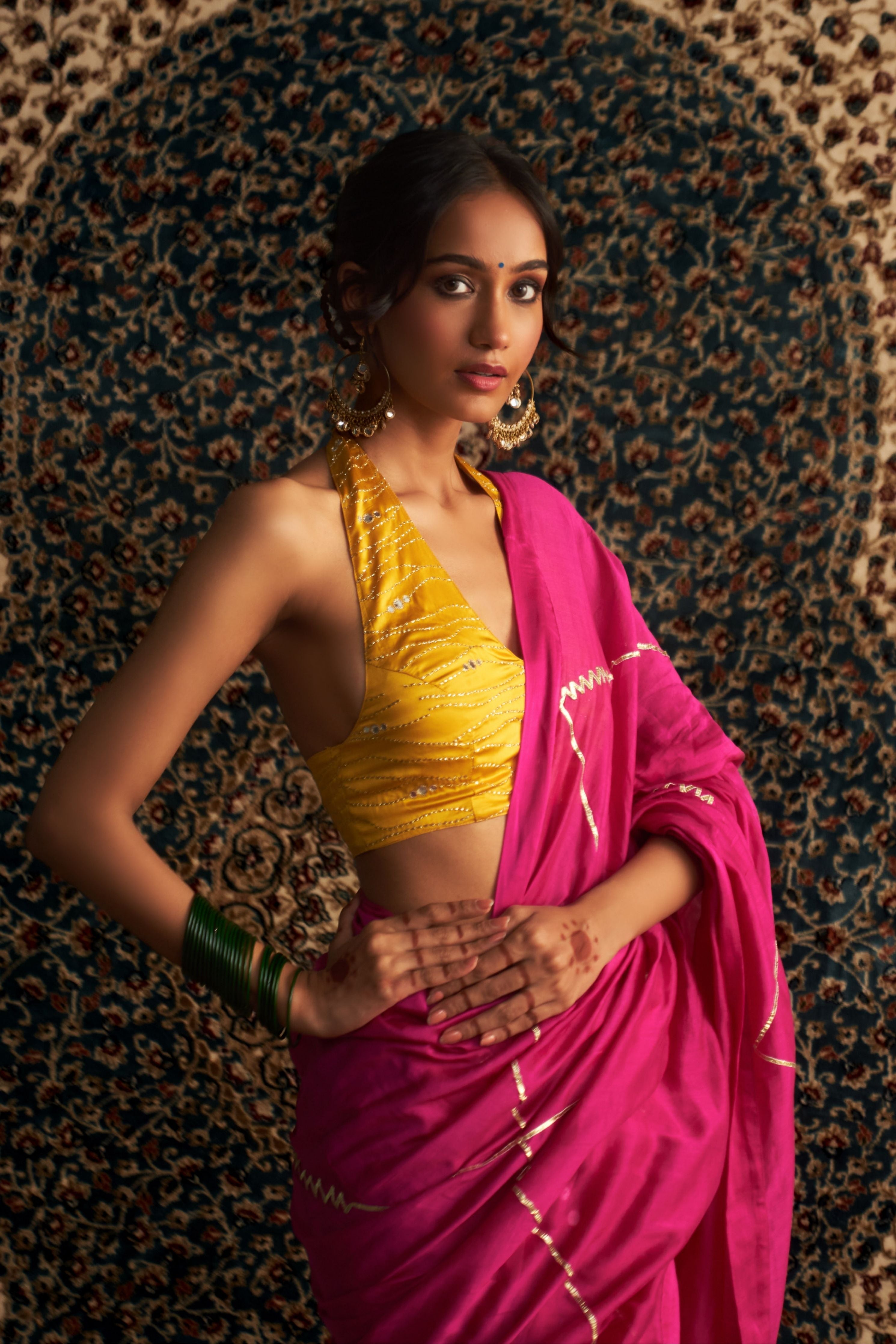 Rani Pink Embroidered Chanderi Saree with Marigold Halter Neck Blouse