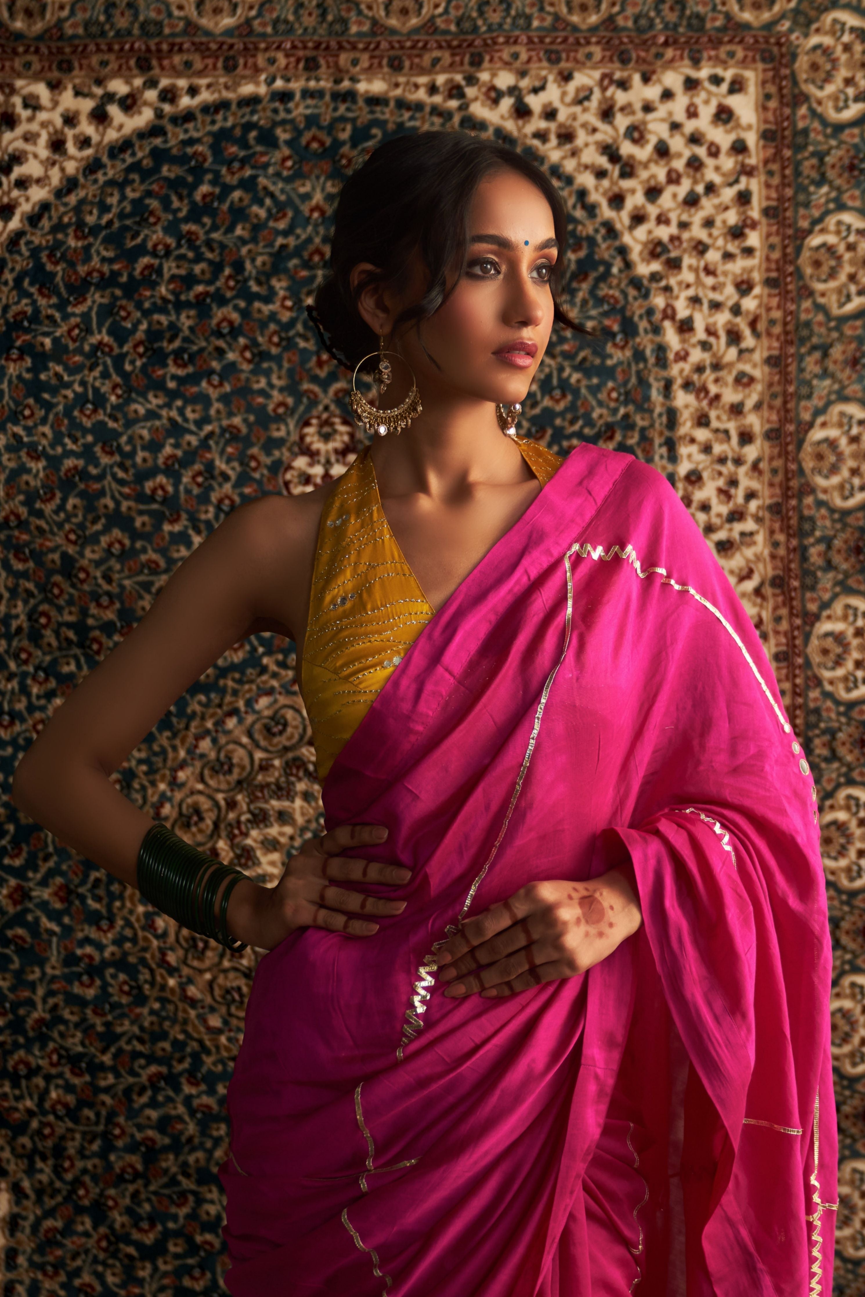 Rani Pink Embroidered Chanderi Saree with Marigold Halter Neck Blouse