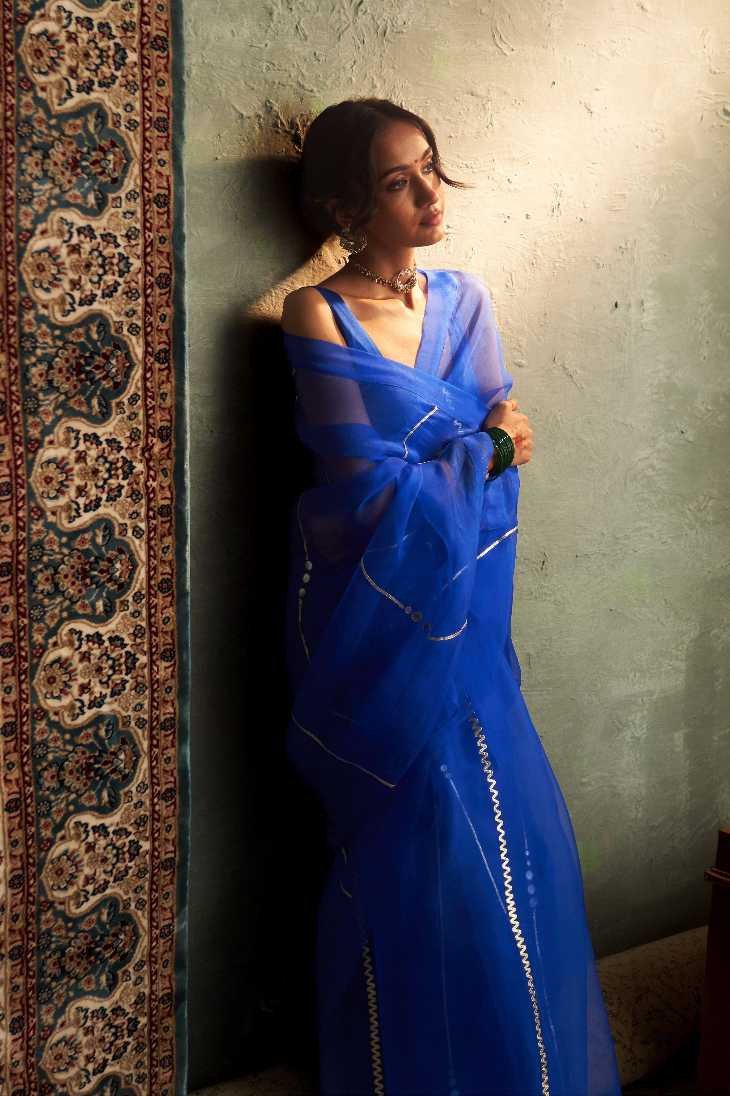 Blue Embroidered Organza saree With Blue Sleeveless Blouse