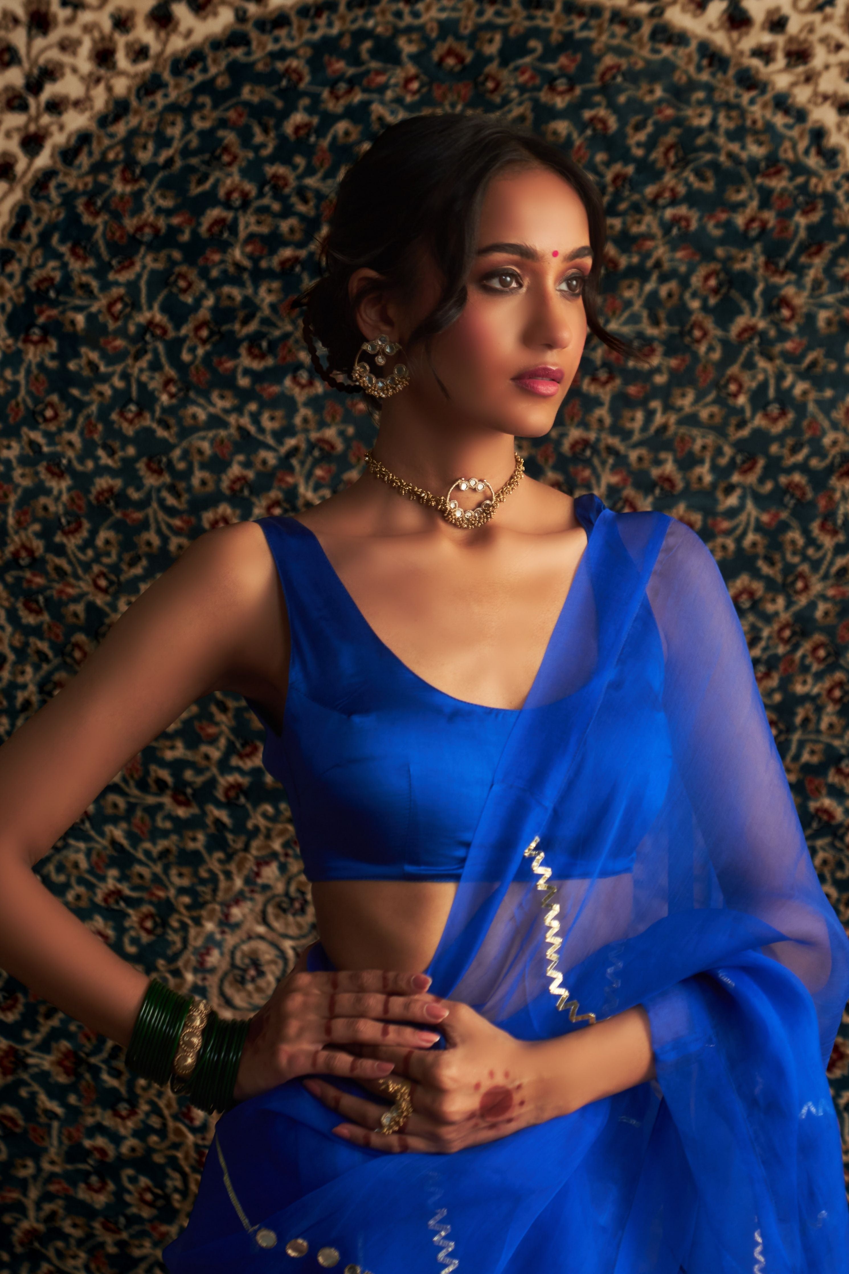 Blue Embroidered Organza saree With Blue Sleeveless Blouse