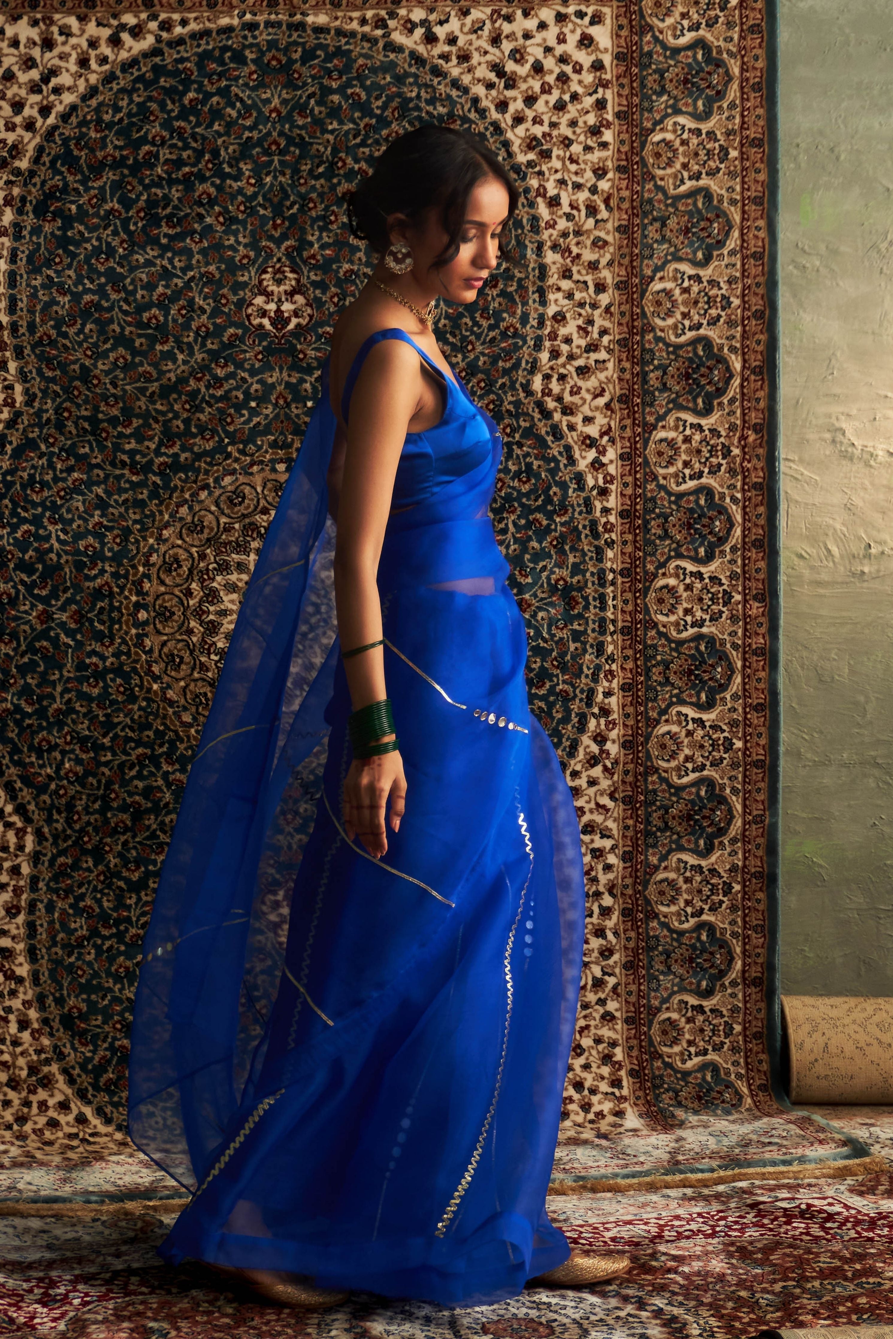 Blue Embroidered Organza saree With Blue Sleeveless Blouse
