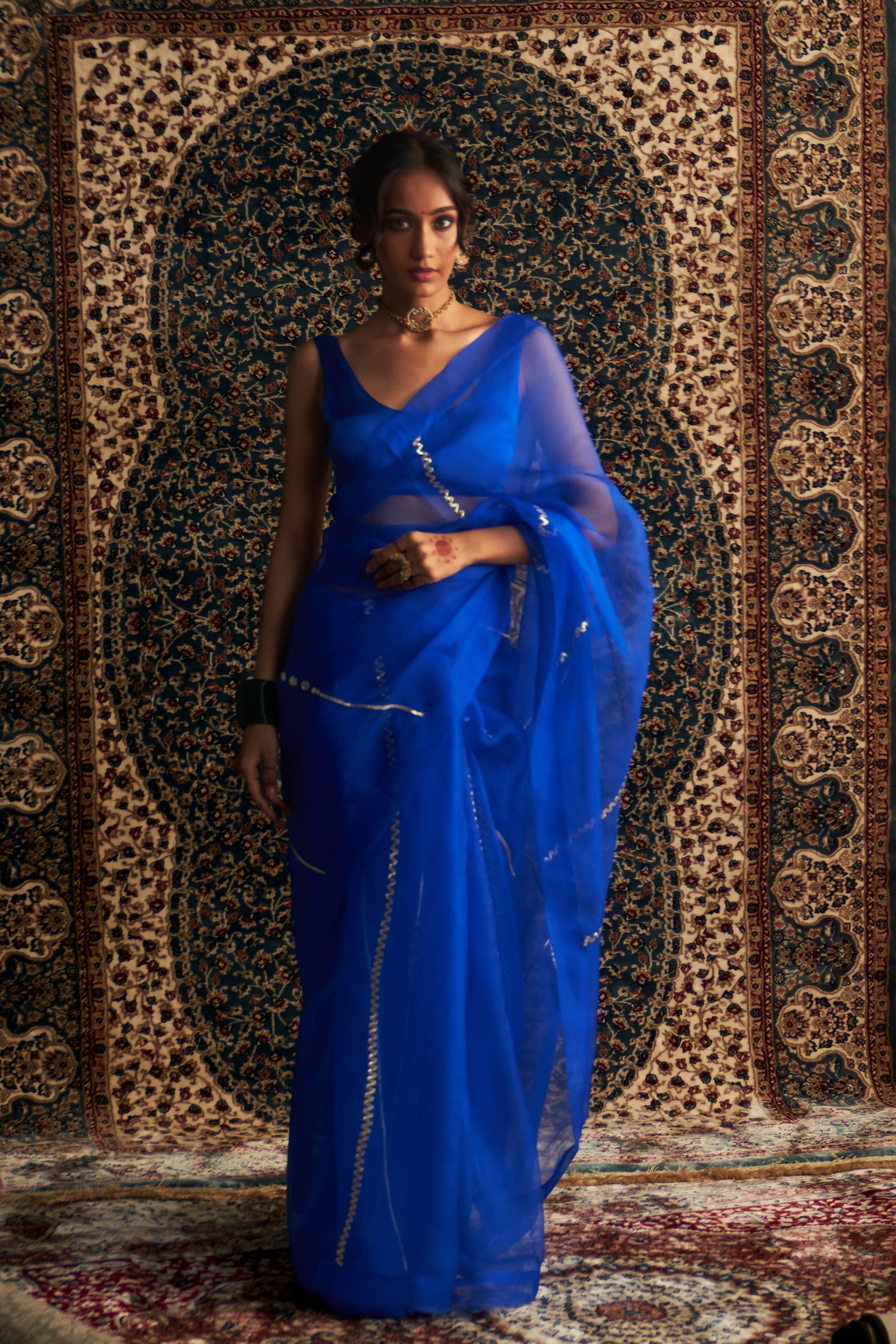 Blue Embroidered Organza saree With Blue Sleeveless Blouse
