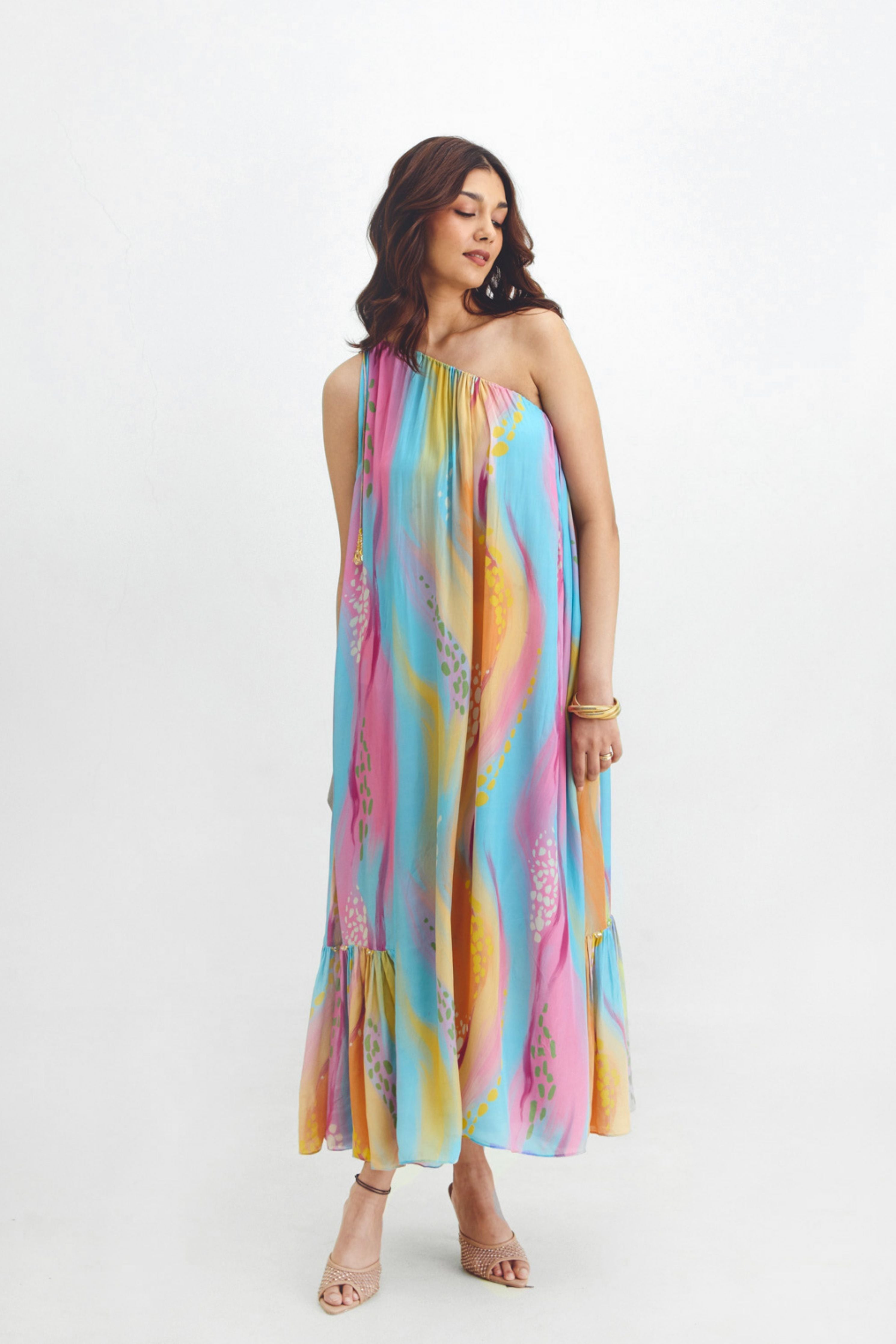One Shoulder Tie-up Dress In Gigi