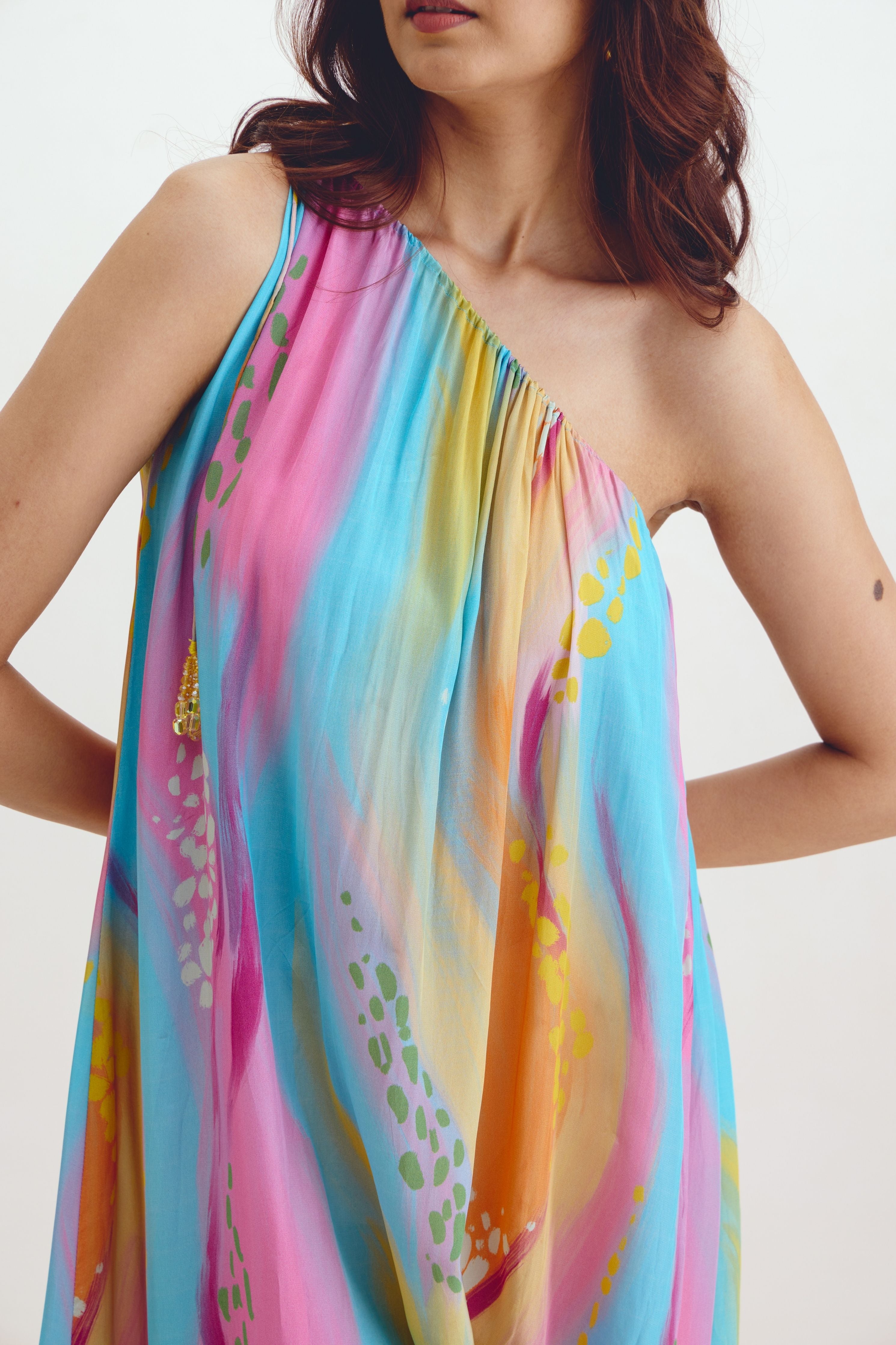 One Shoulder Tie-up Dress In Gigi