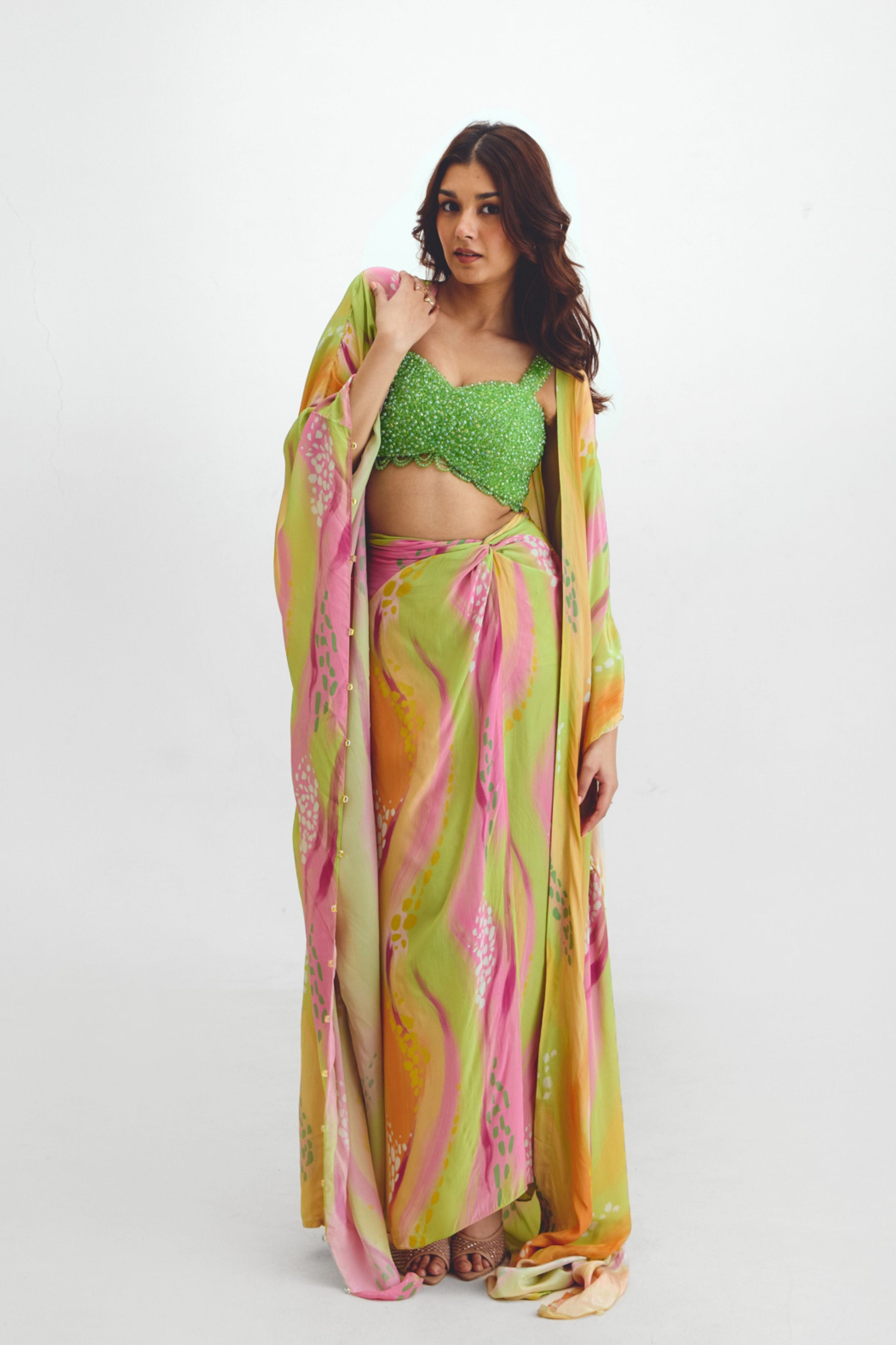 Beaded Blouse Drape Skirt  Kaftan Cape Set In Sarah