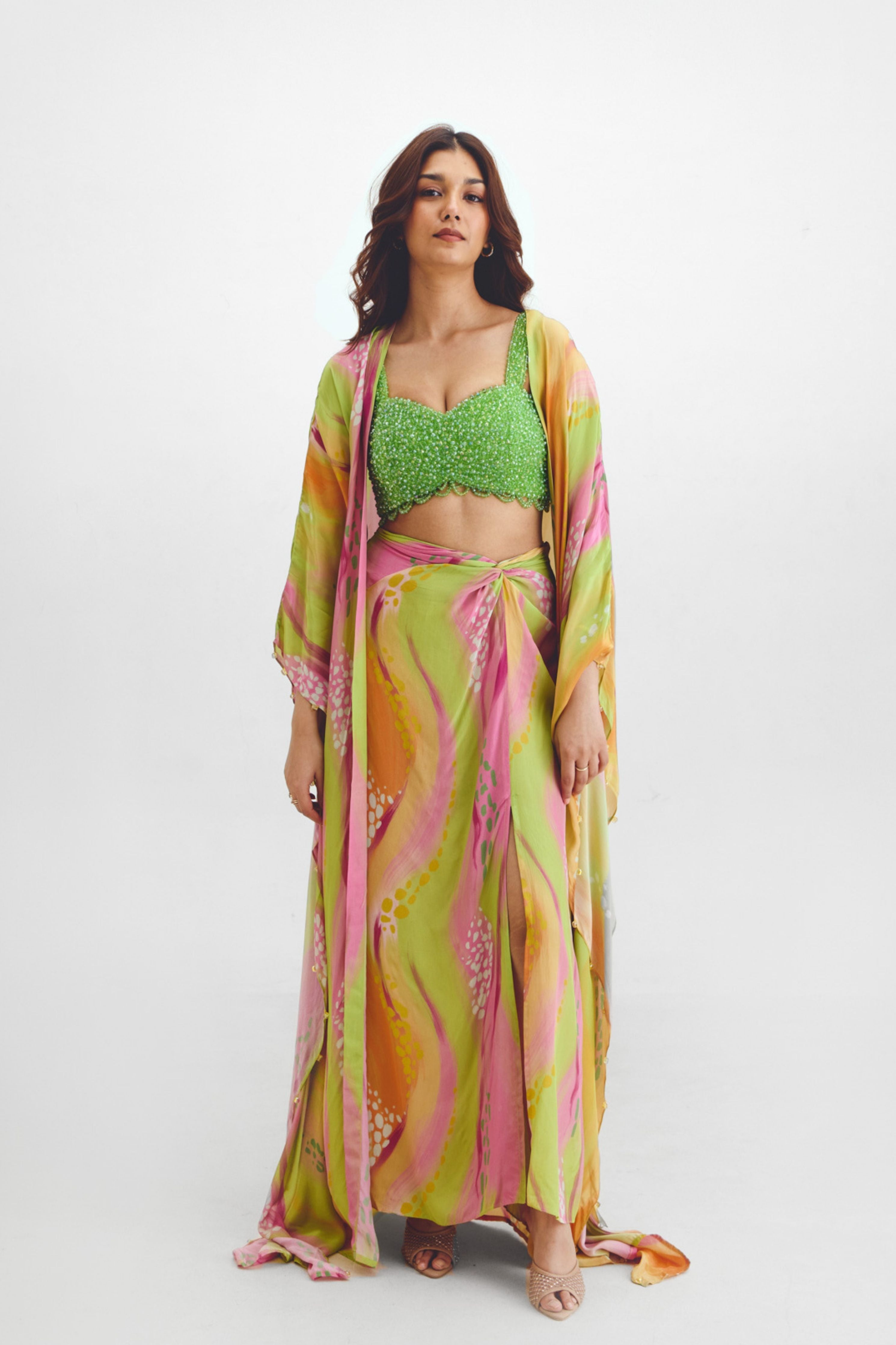 Beaded Blouse Drape Skirt  Kaftan Cape Set In Sarah