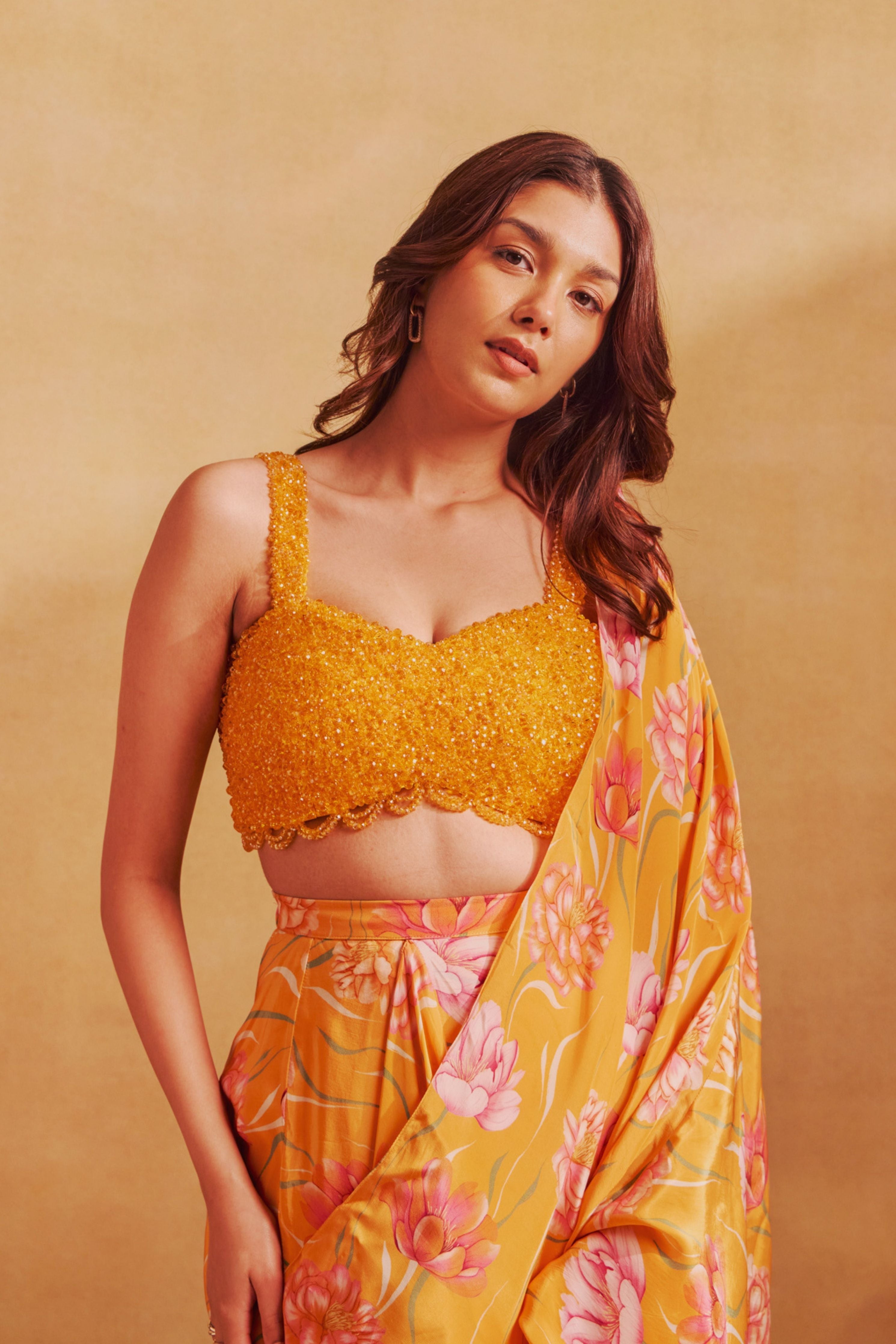 Beaded Blouse  Drape Skirt  Kaftan Cape Set In Avya