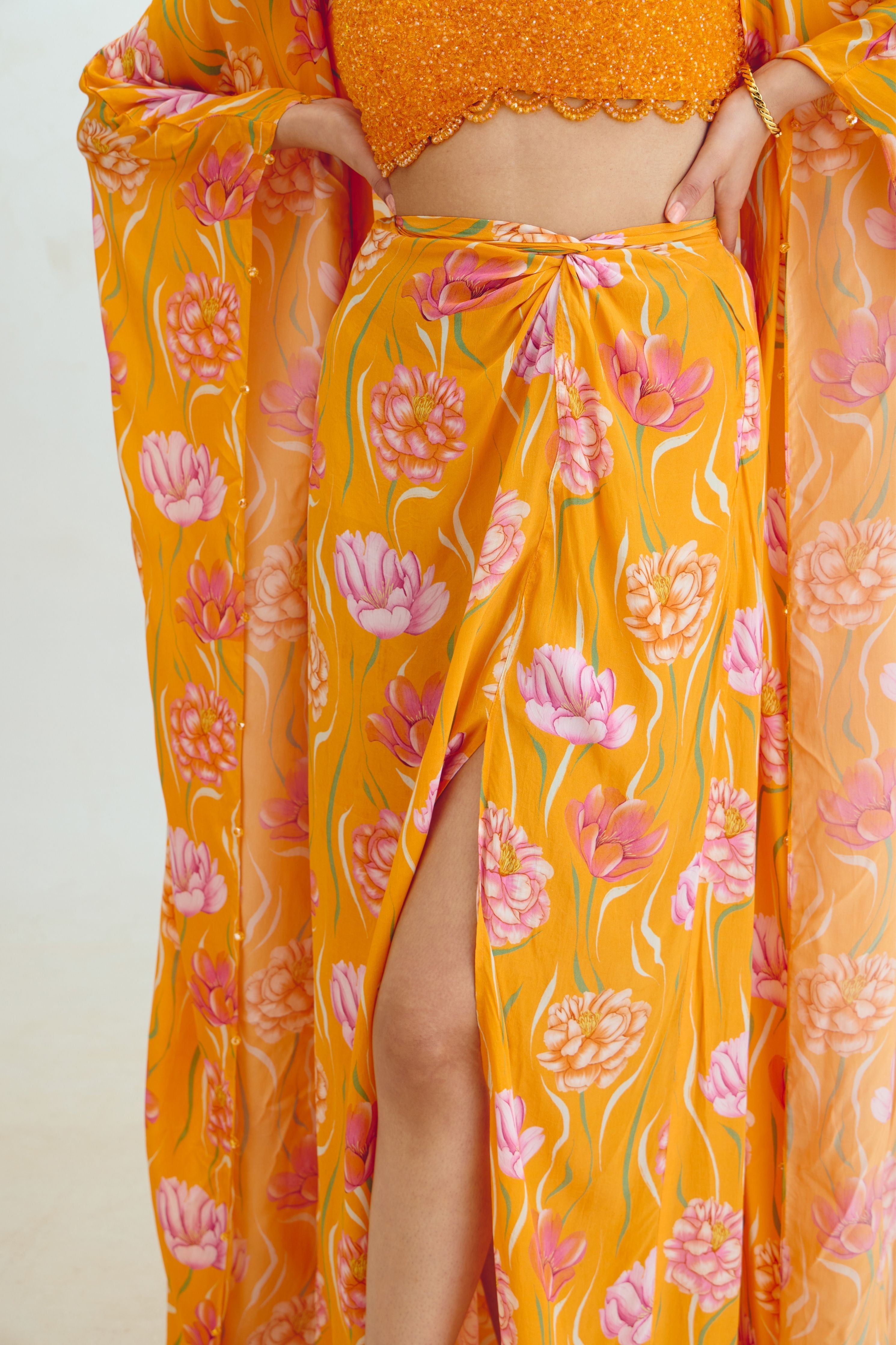 Beaded Blouse  Drape Skirt  Kaftan Cape Set In Avya