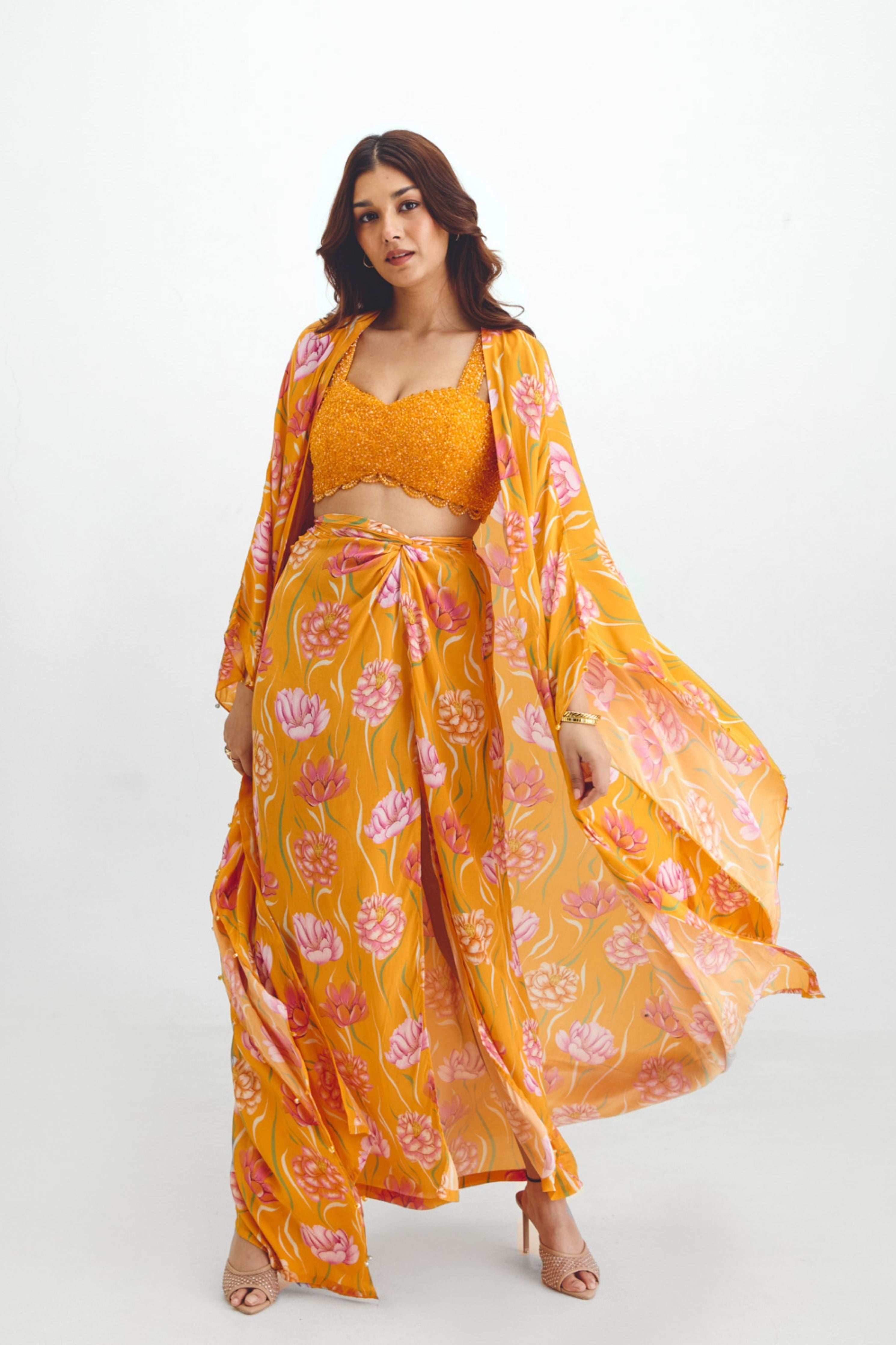 Beaded Blouse  Drape Skirt  Kaftan Cape Set In Avya