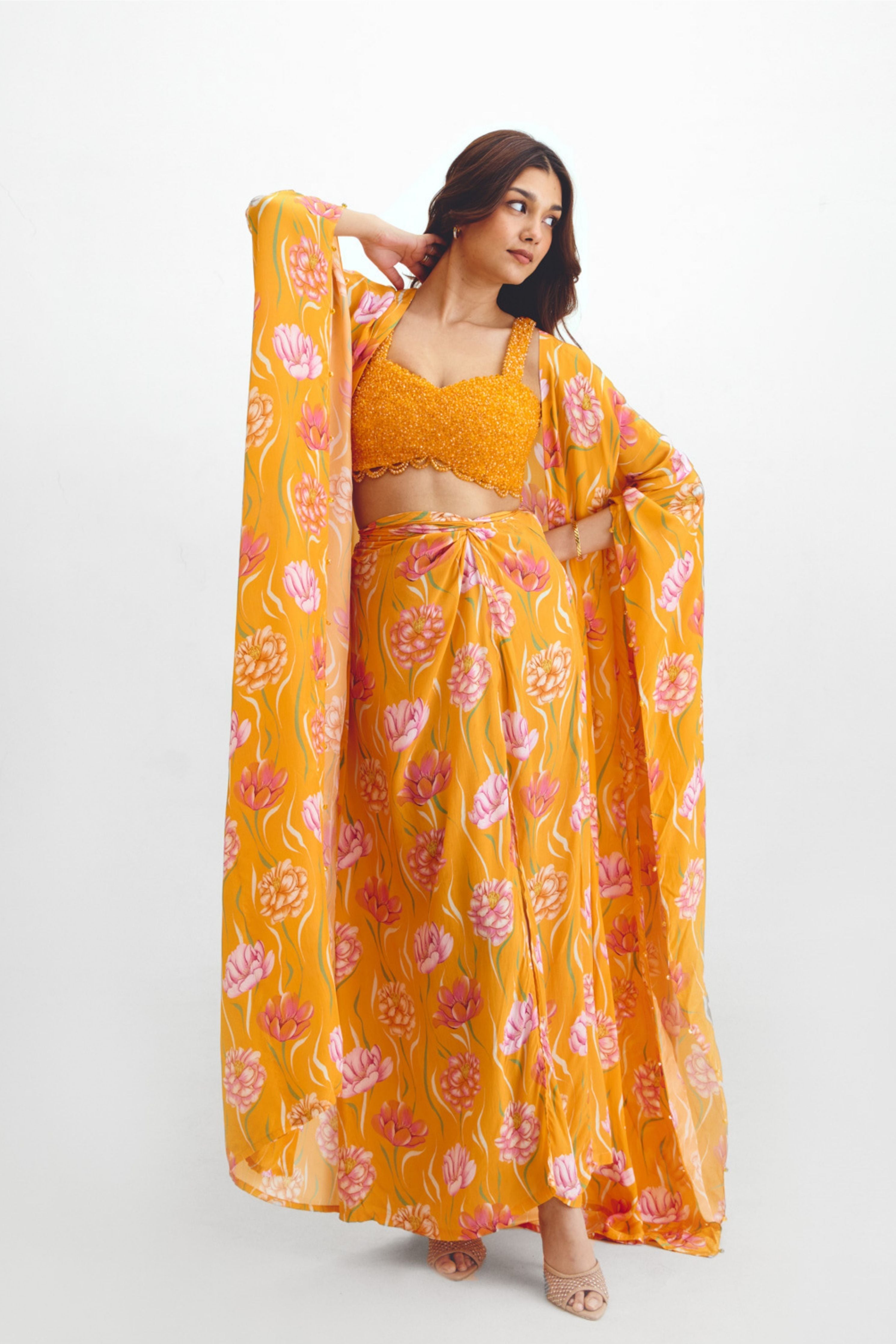 Beaded Blouse  Drape Skirt  Kaftan Cape Set In Avya