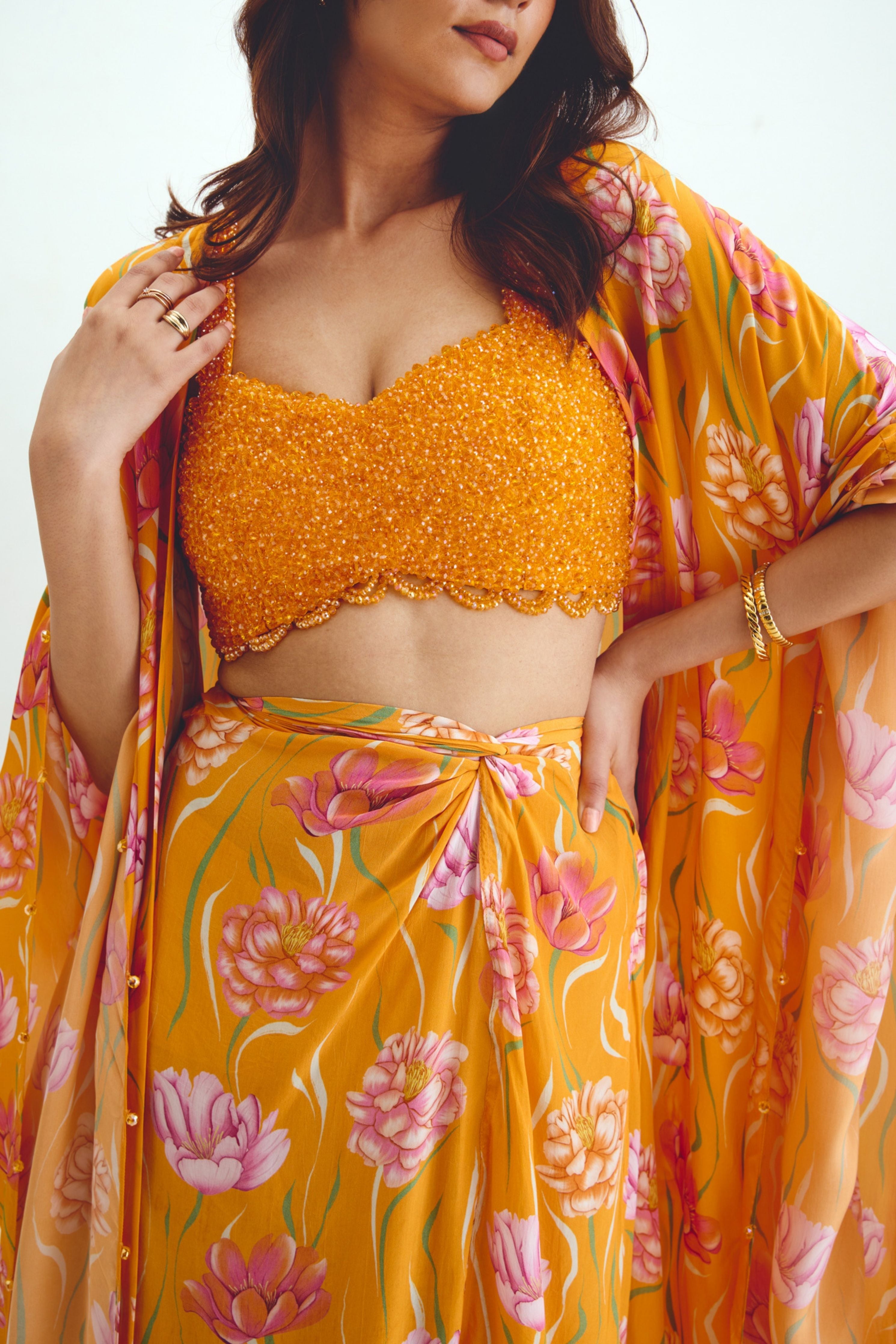 Beaded Blouse  Drape Skirt  Kaftan Cape Set In Avya