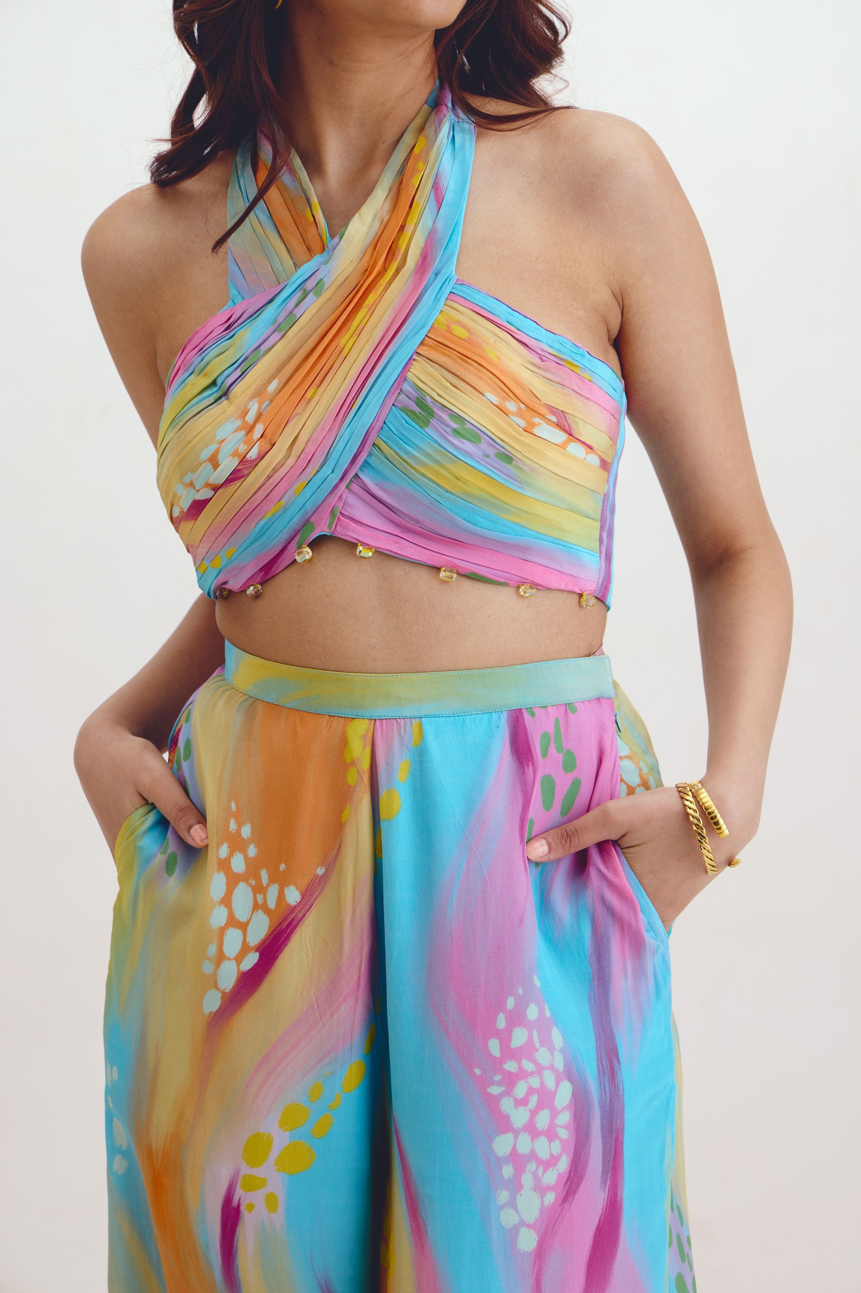 Micro Pleated Crop Top  Flared Pant Set In Gigi