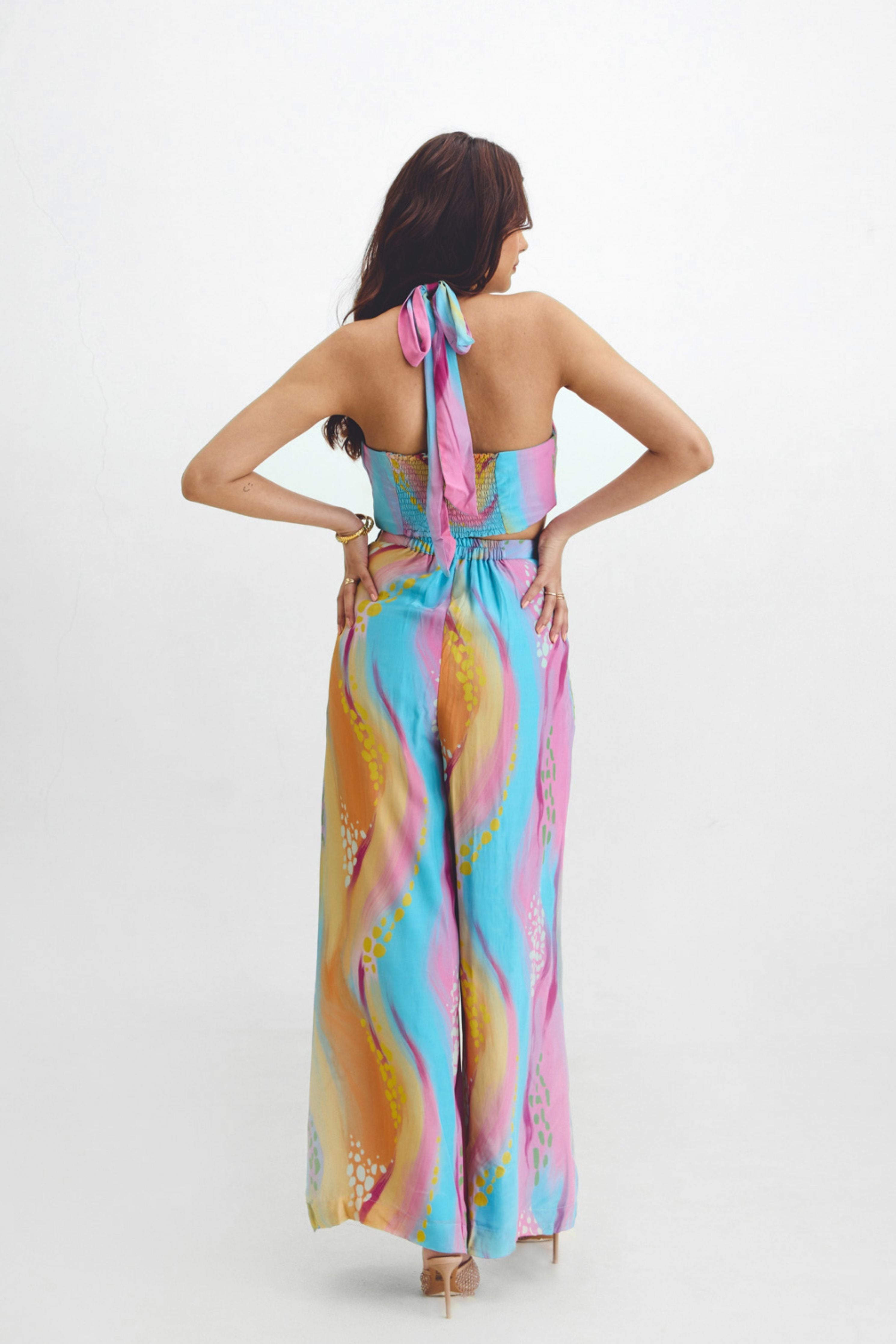 Micro Pleated Crop Top  Flared Pant Set In Gigi