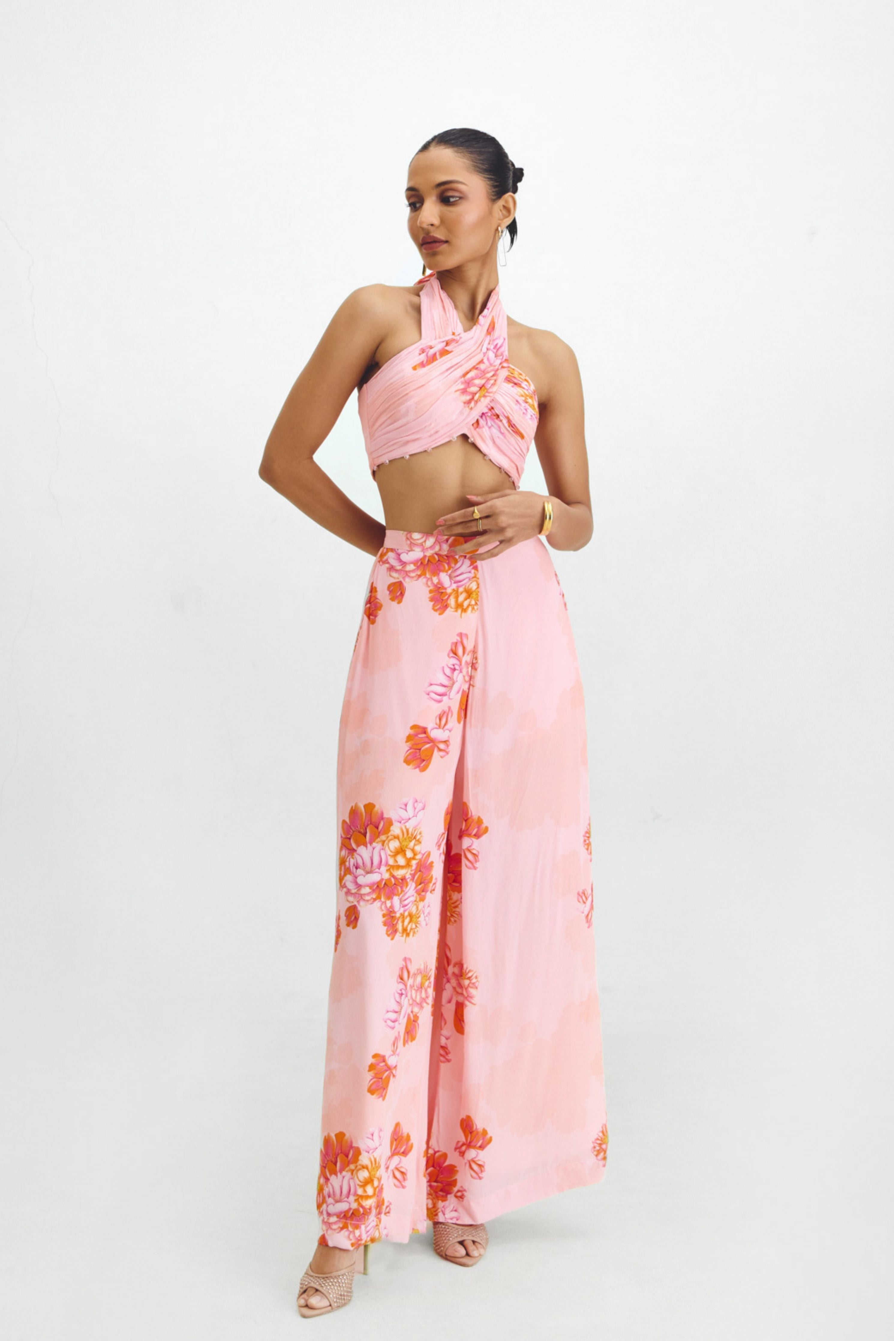Micro Pleated Crop Top  Flared Pant Set In Kyra