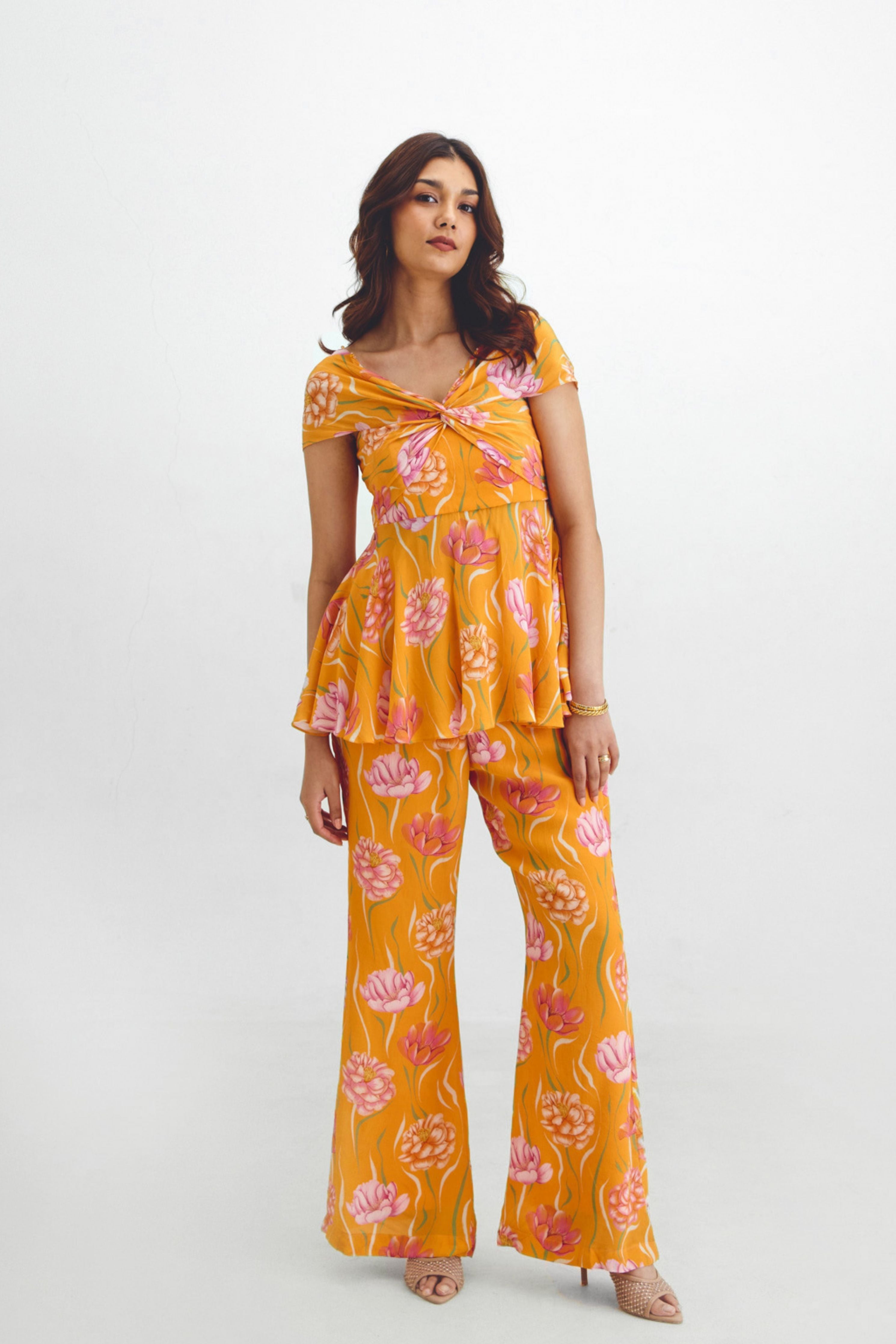 Draped Peplum Top  Retro Pant Set In Avya