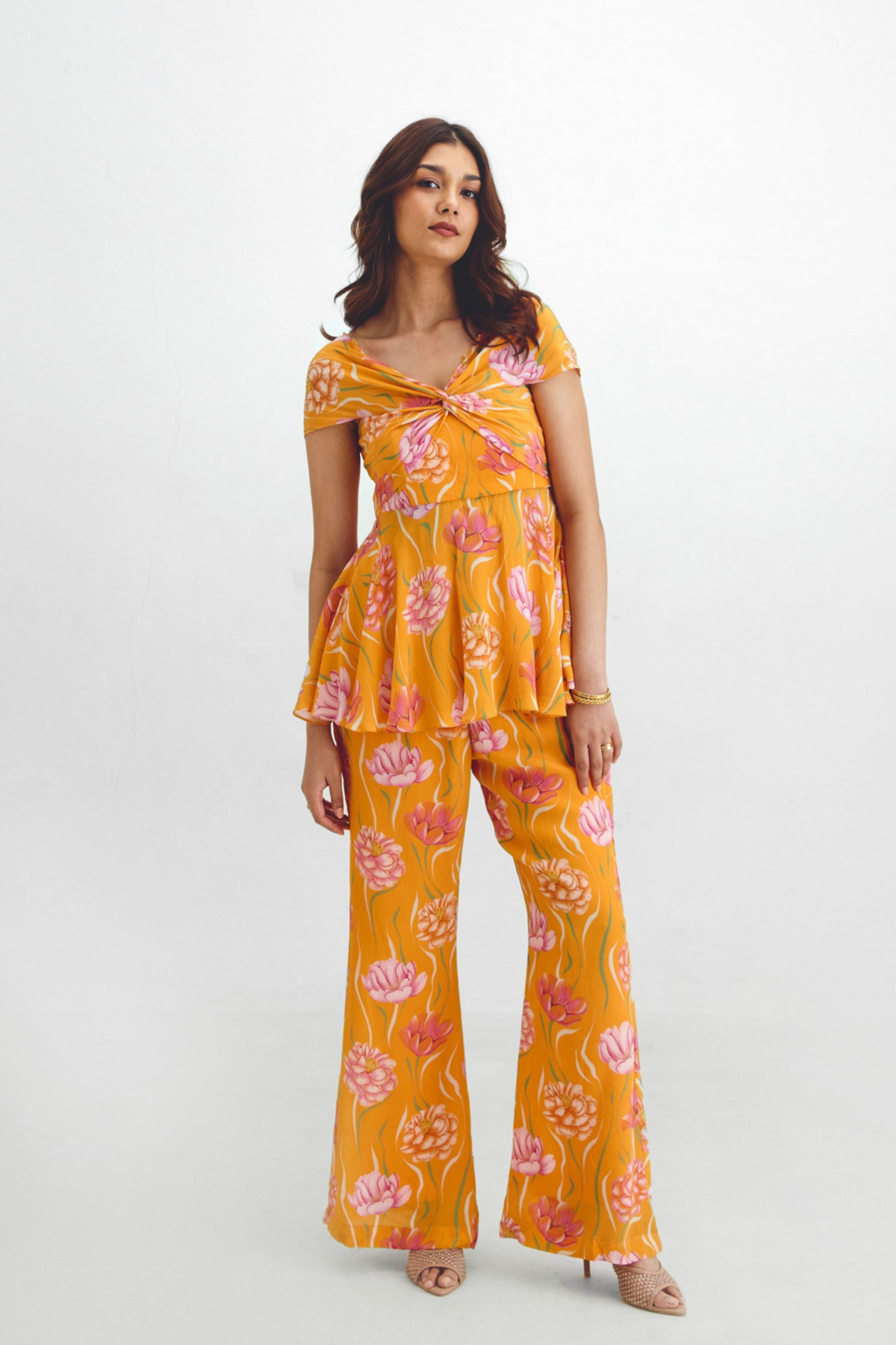 Draped Peplum Top  Retro Pant Set In Avya
