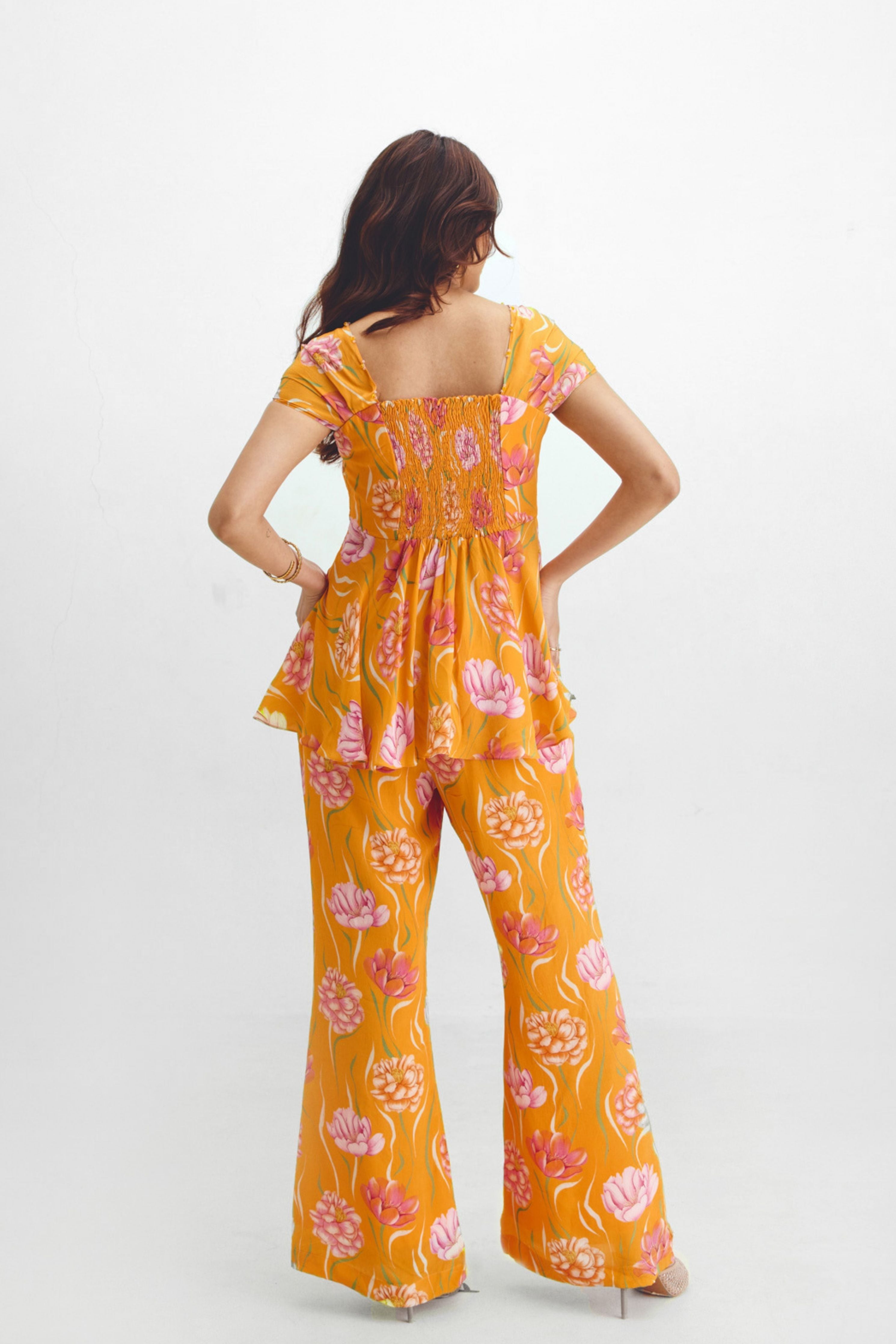 Draped Peplum Top  Retro Pant Set In Avya