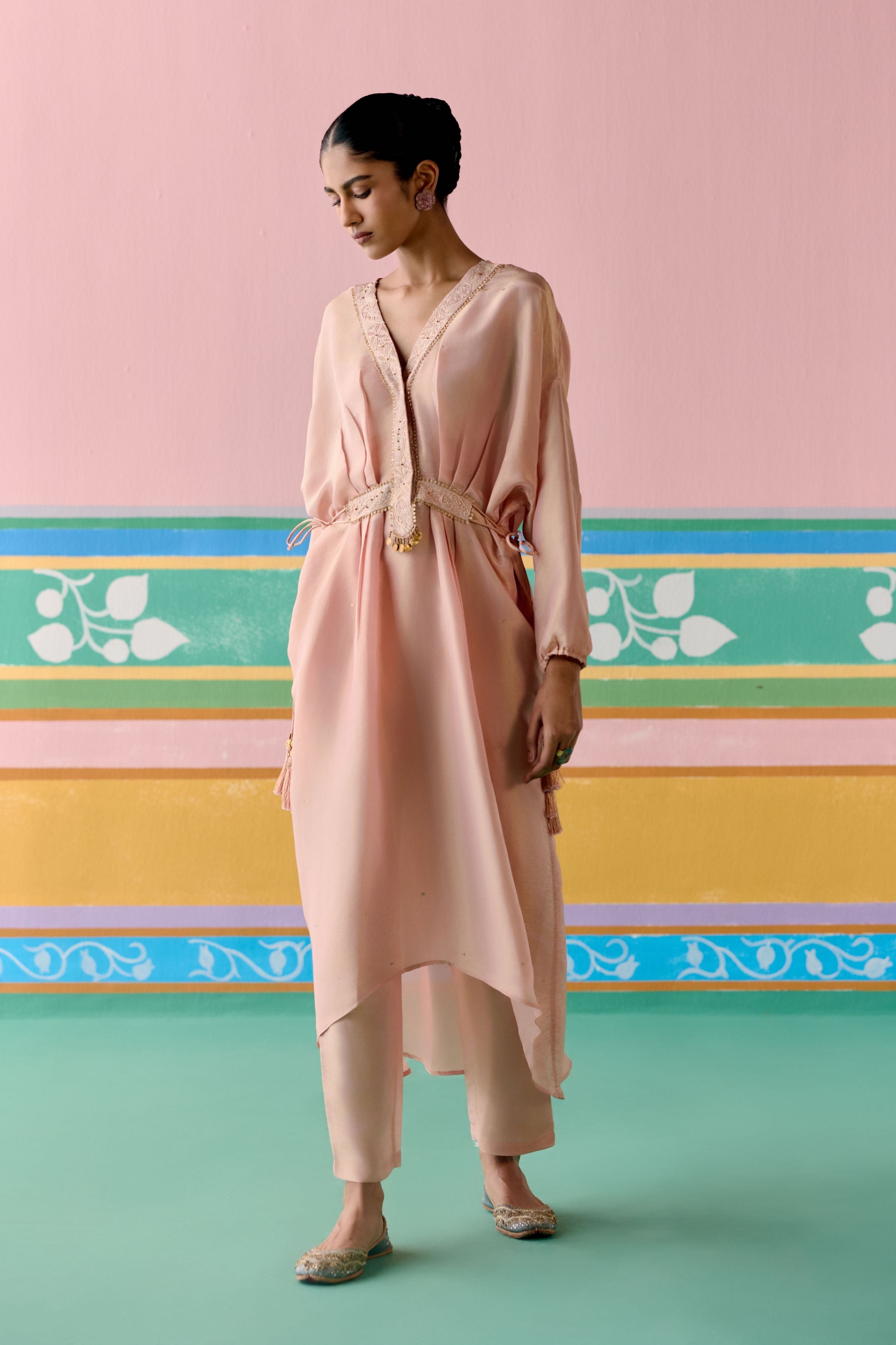 Peach Embroidered Long Kaftan Set