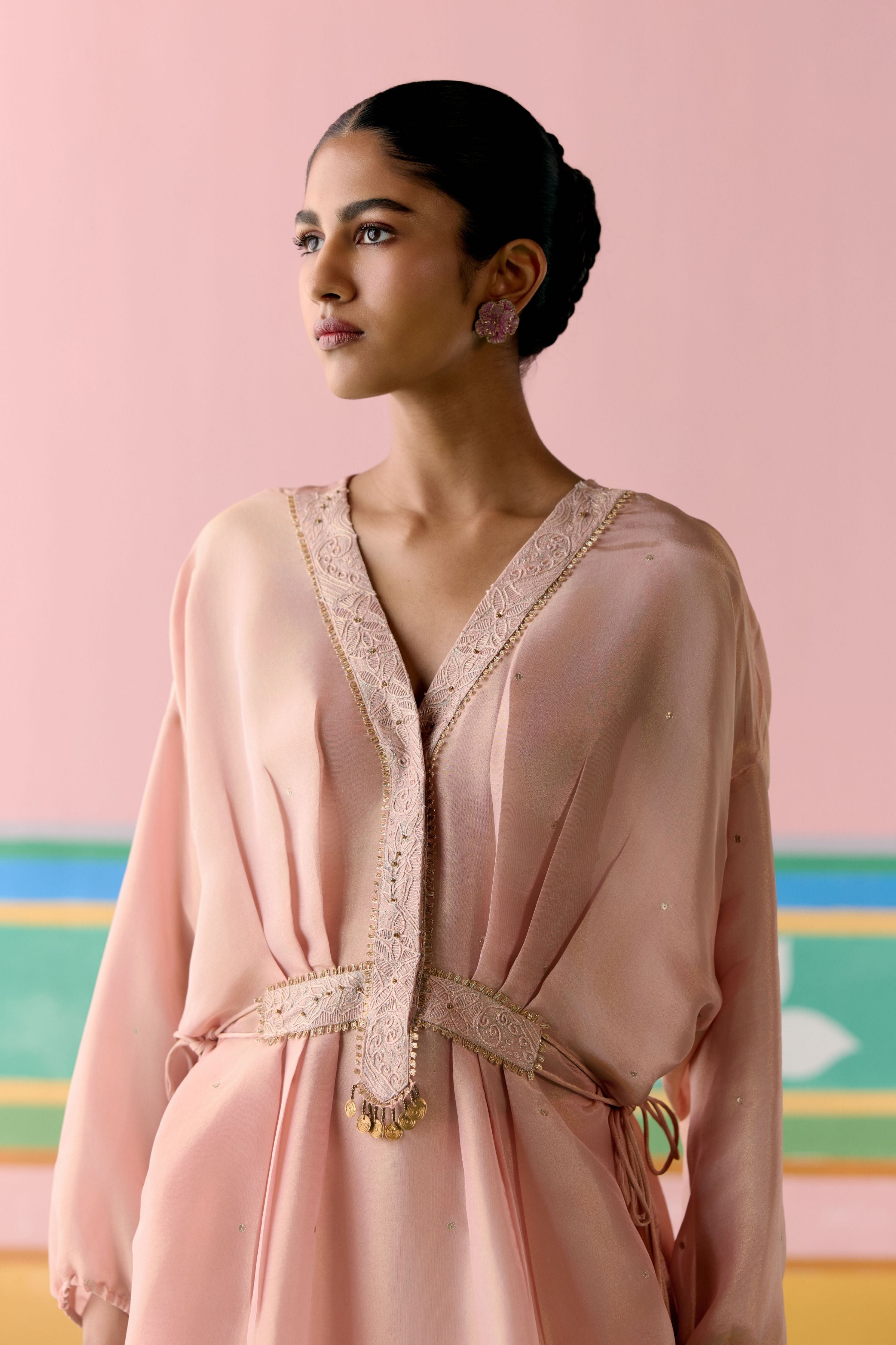 Peach Embroidered Long Kaftan Set