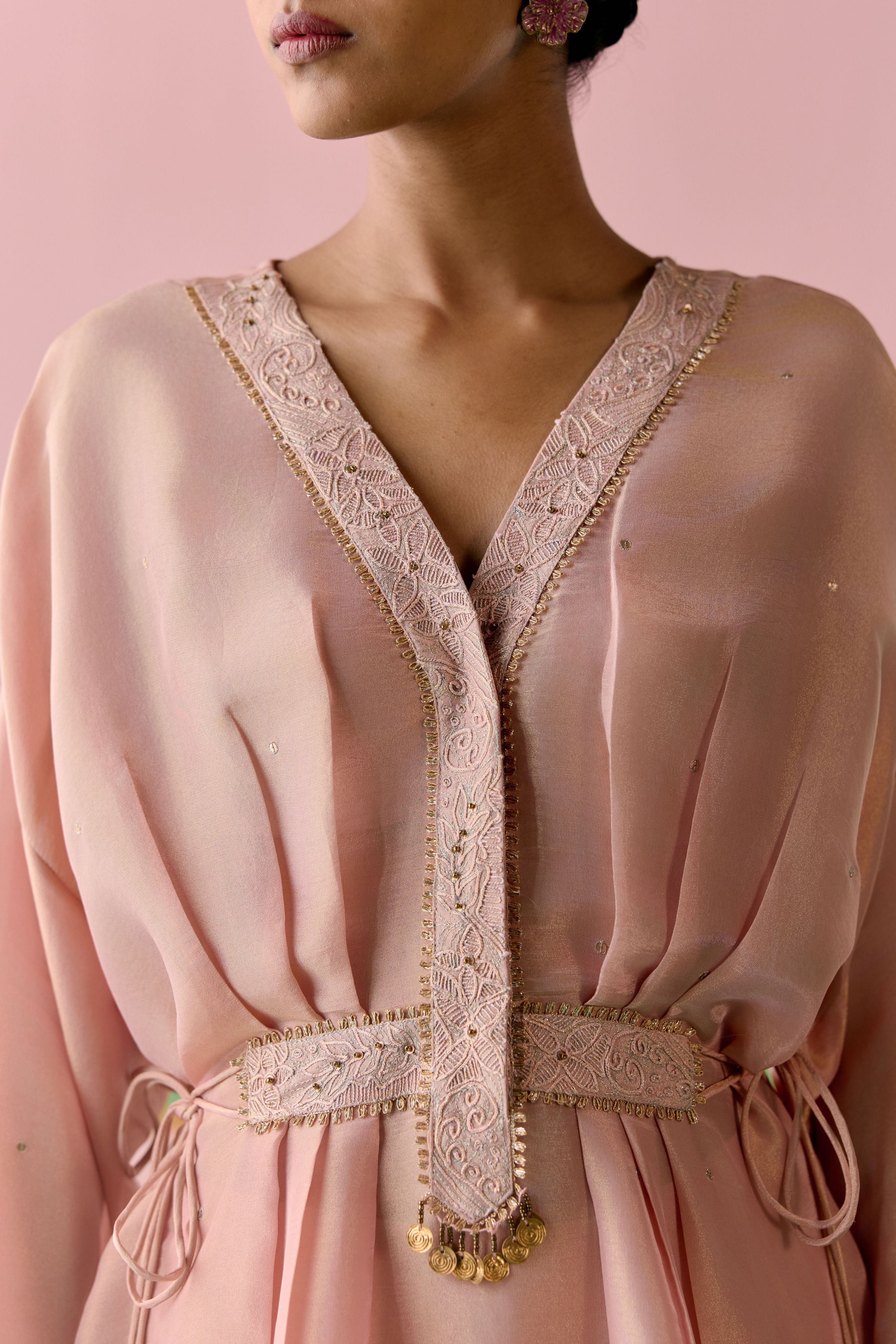 Peach Embroidered Long Kaftan Set