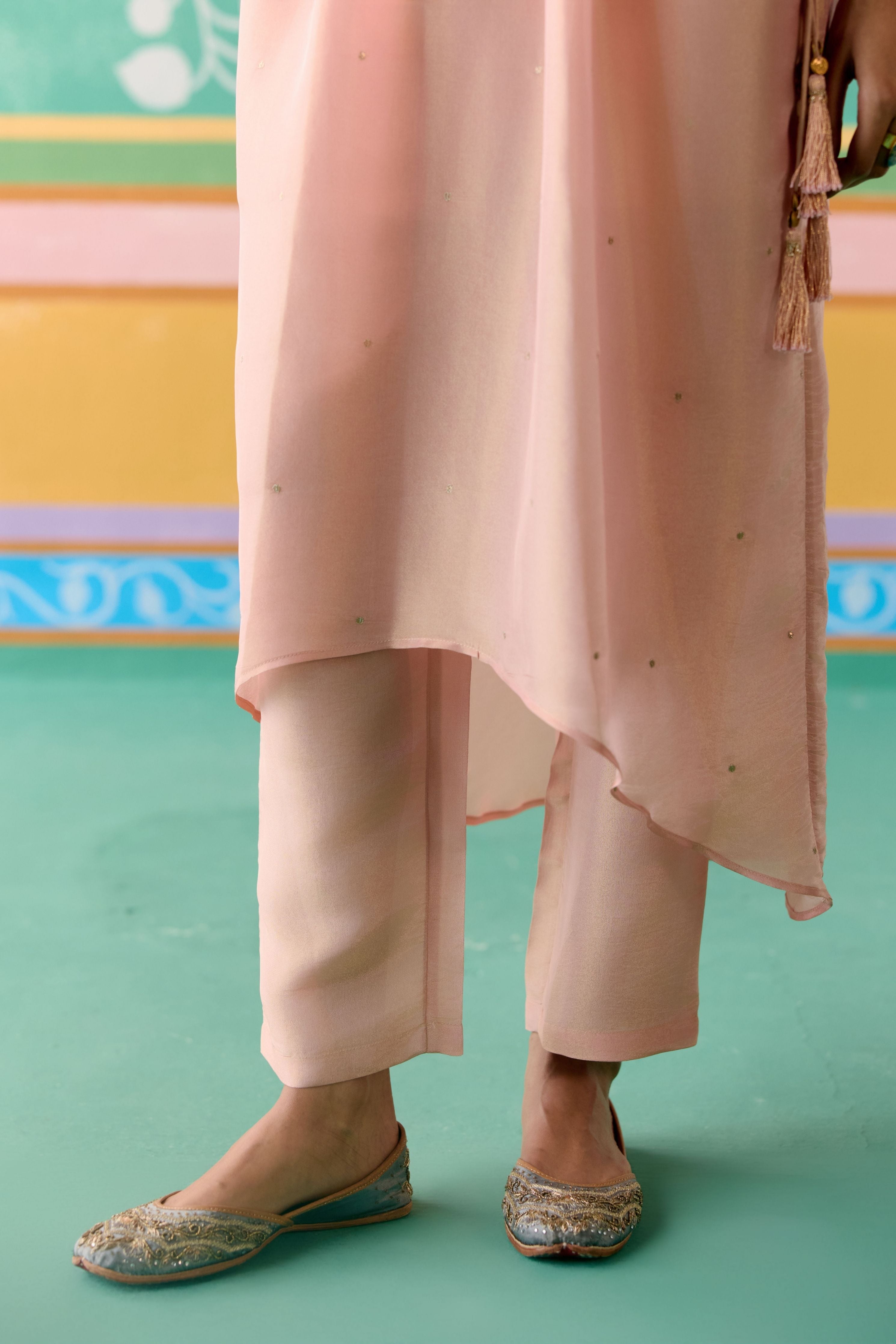 Peach Embroidered Long Kaftan Set