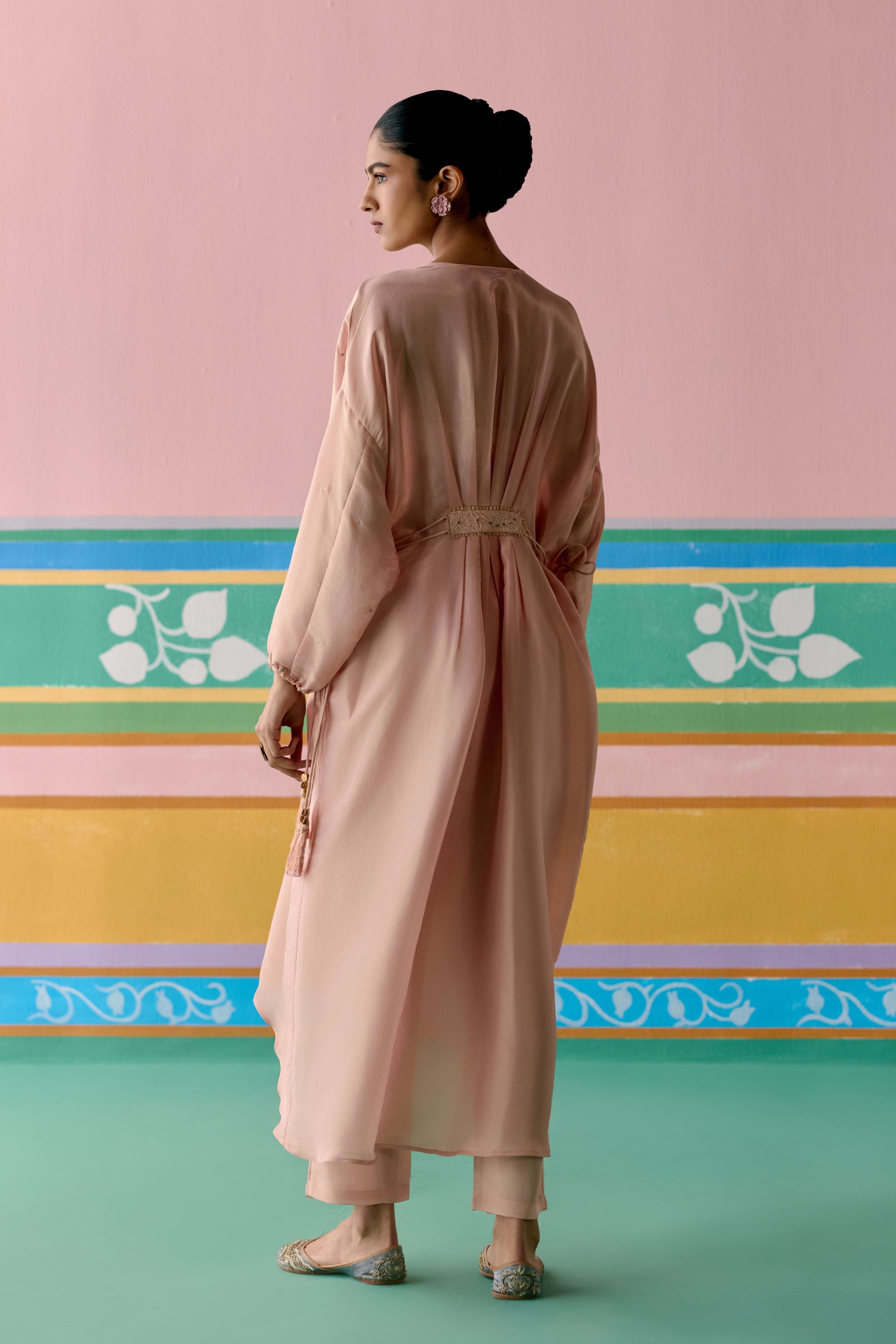 Peach Embroidered Long Kaftan Set