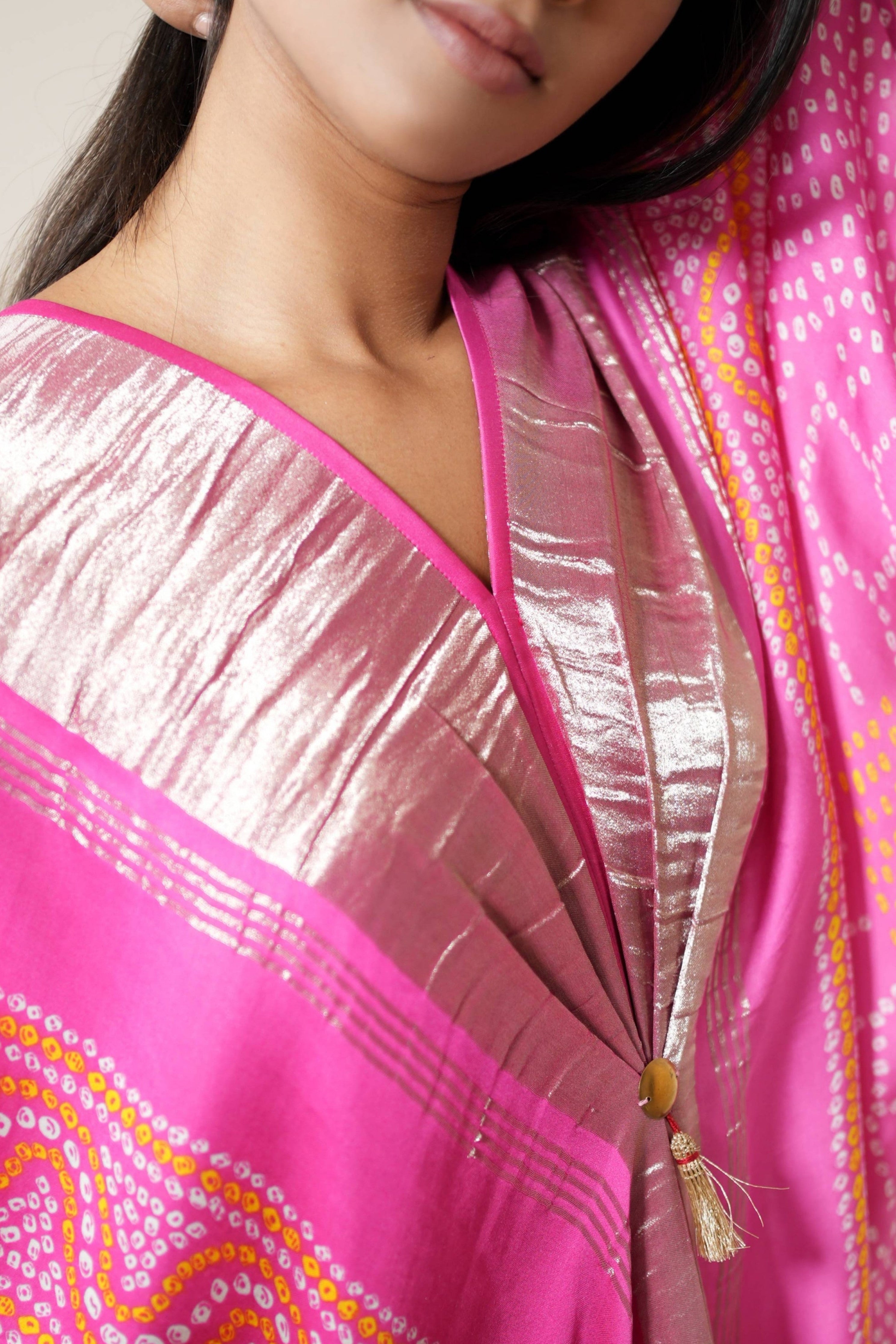 Pink Silver Bandhej Kaftan
