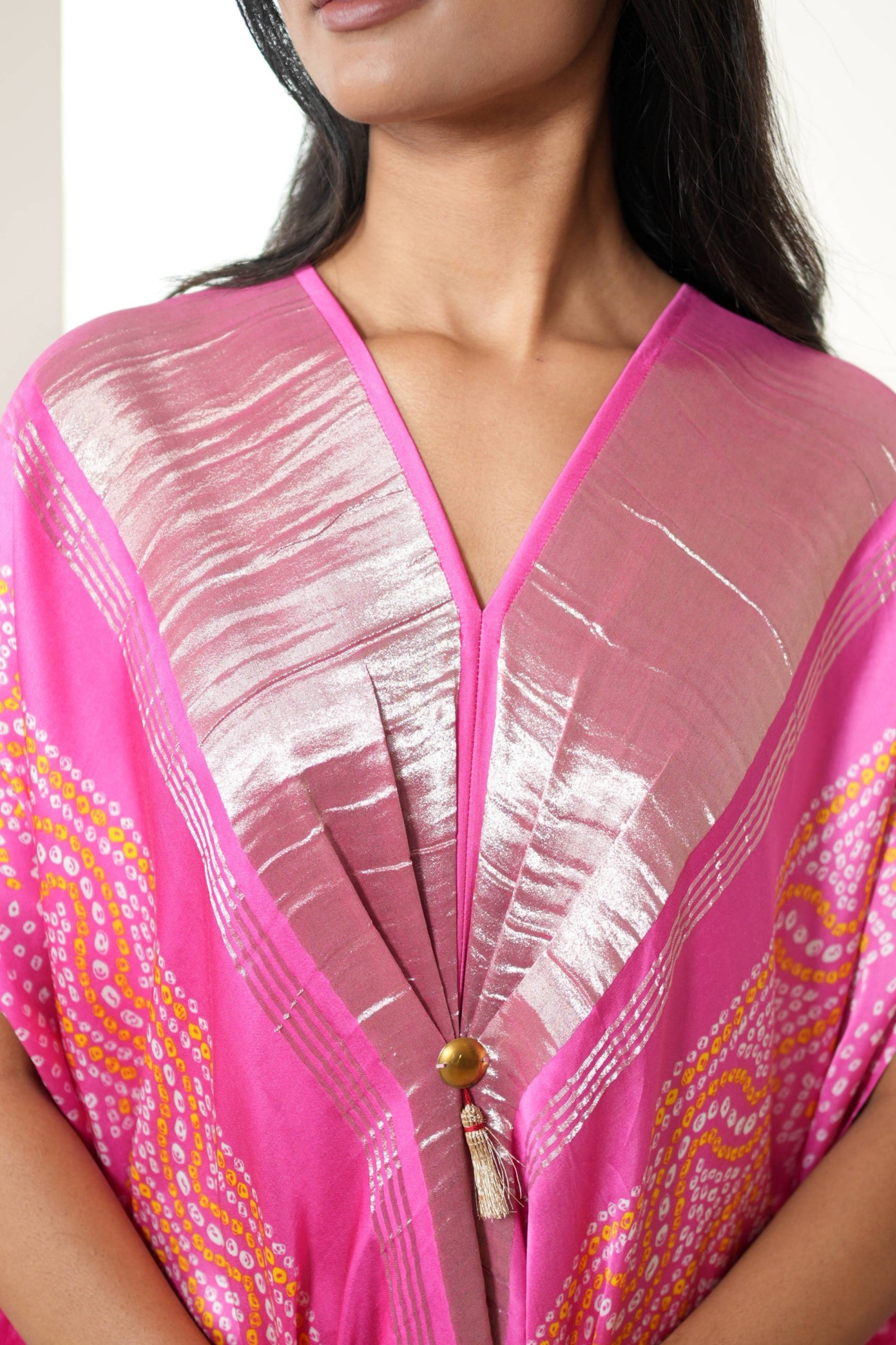 Pink Silver Bandhej Kaftan