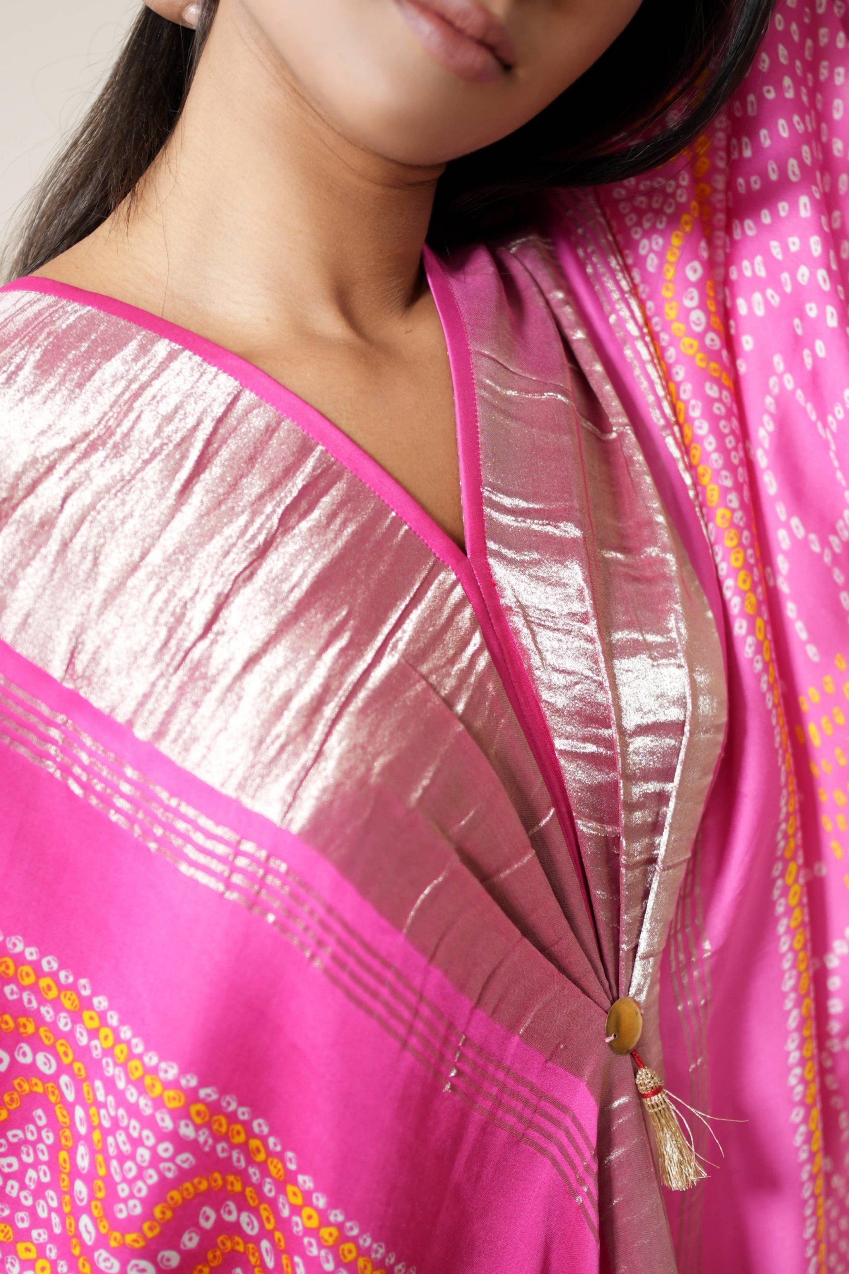 Pink Silver Bandhej Kaftan
