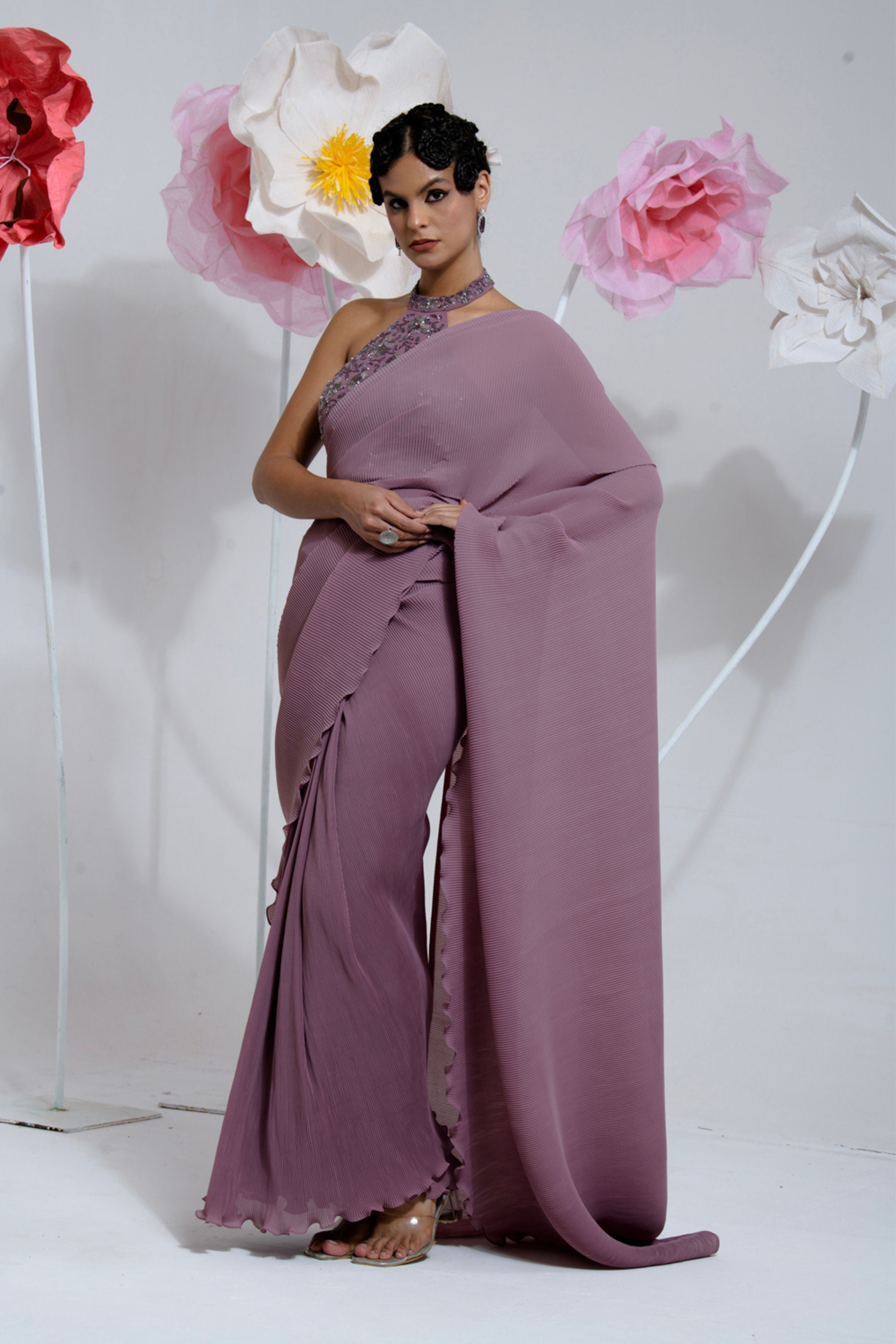 Pre-Draped Mauve Pleated Saree