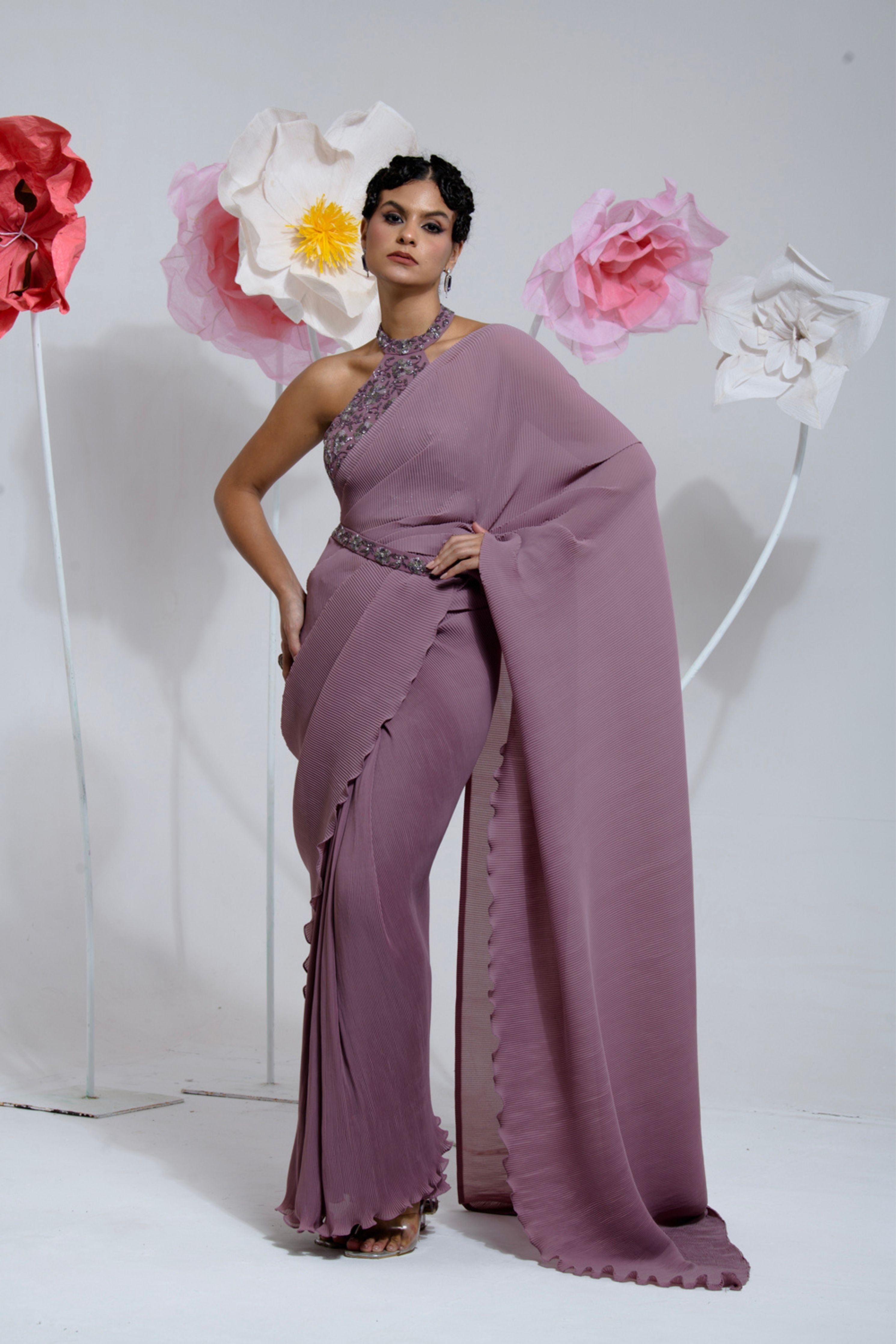 Pre-Draped Mauve Pleated Saree