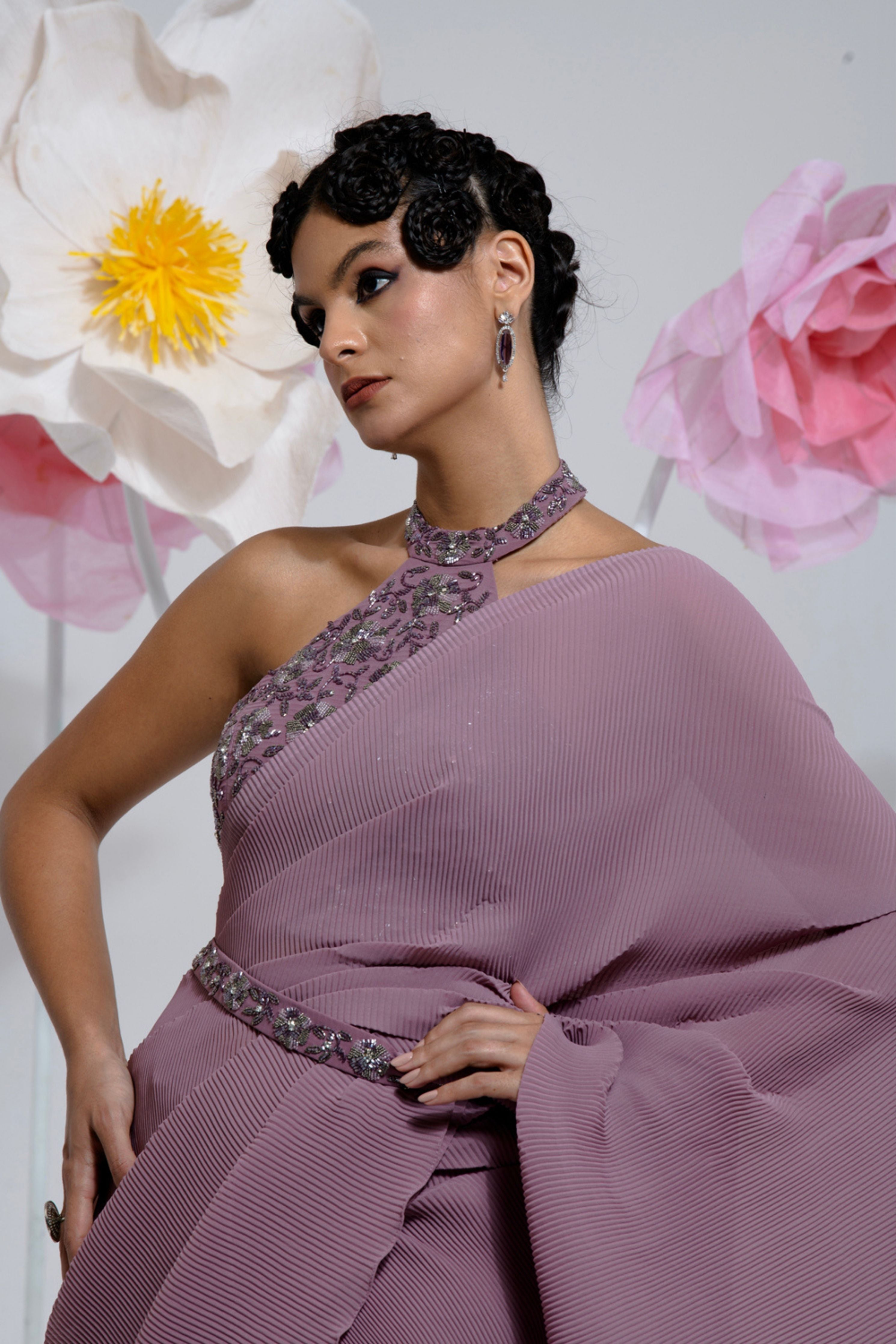 Pre-Draped Mauve Pleated Saree