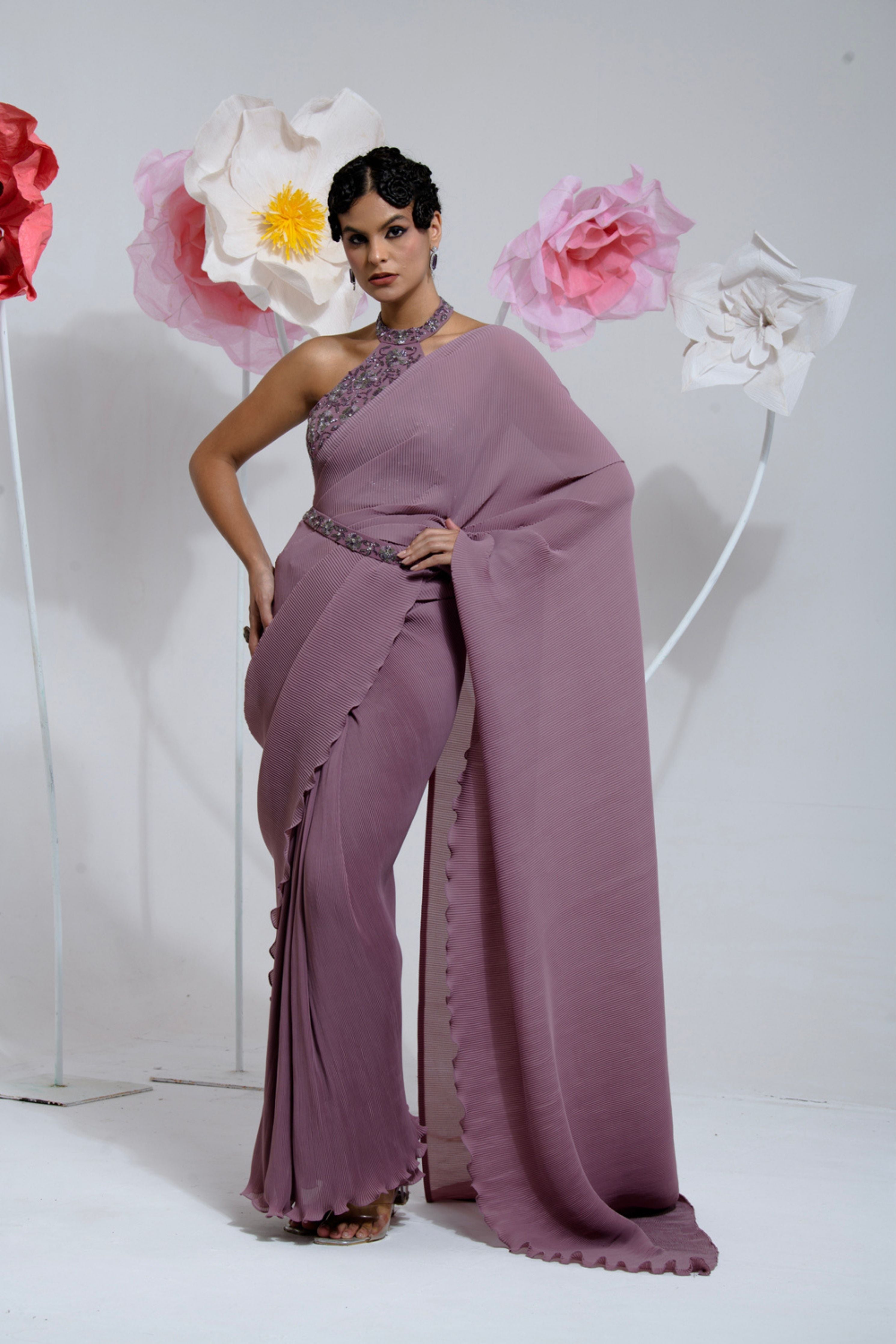 Pre-Draped Mauve Pleated Saree