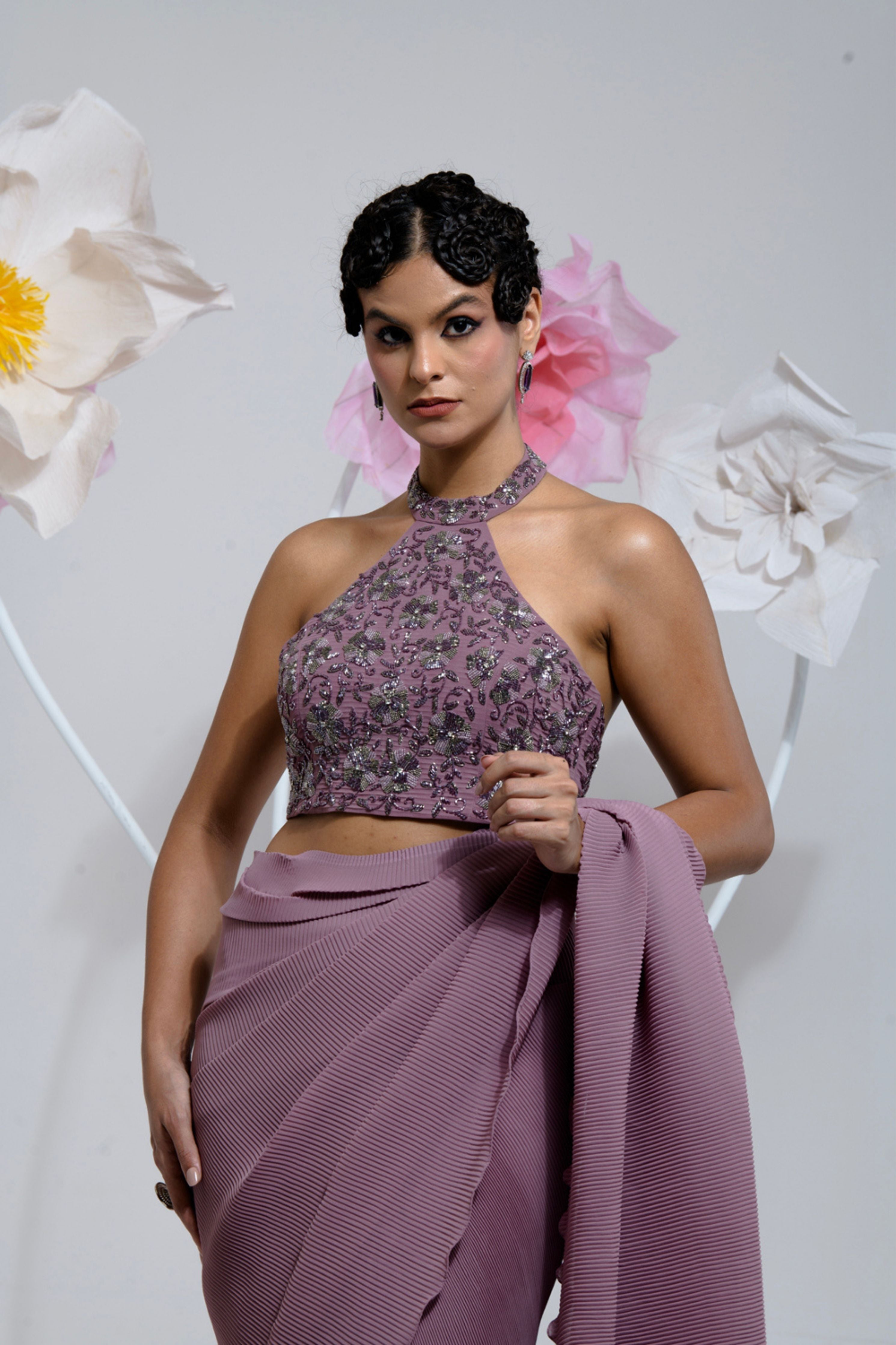 Pre-Draped Mauve Pleated Saree