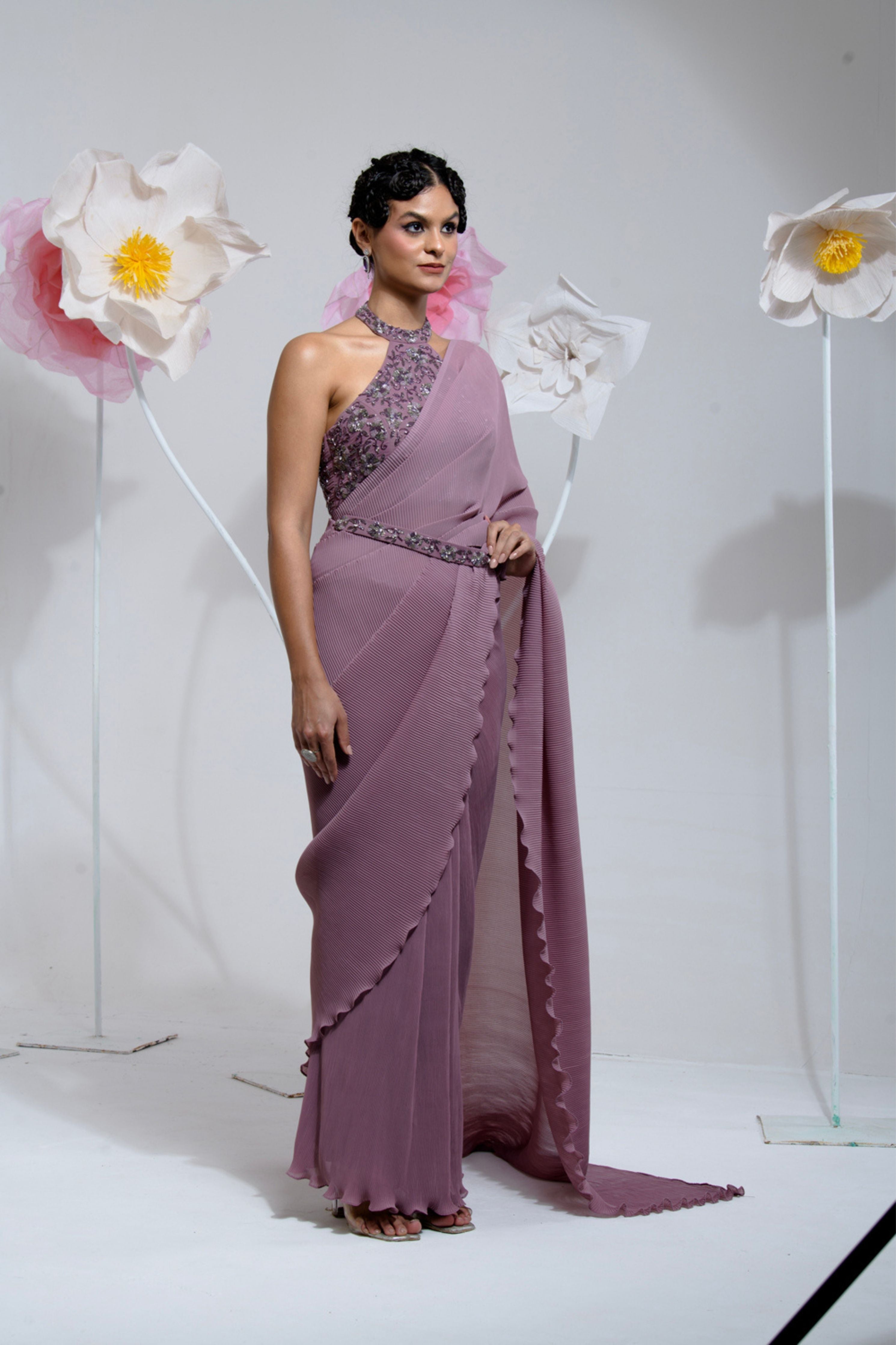 Pre-Draped Mauve Pleated Saree