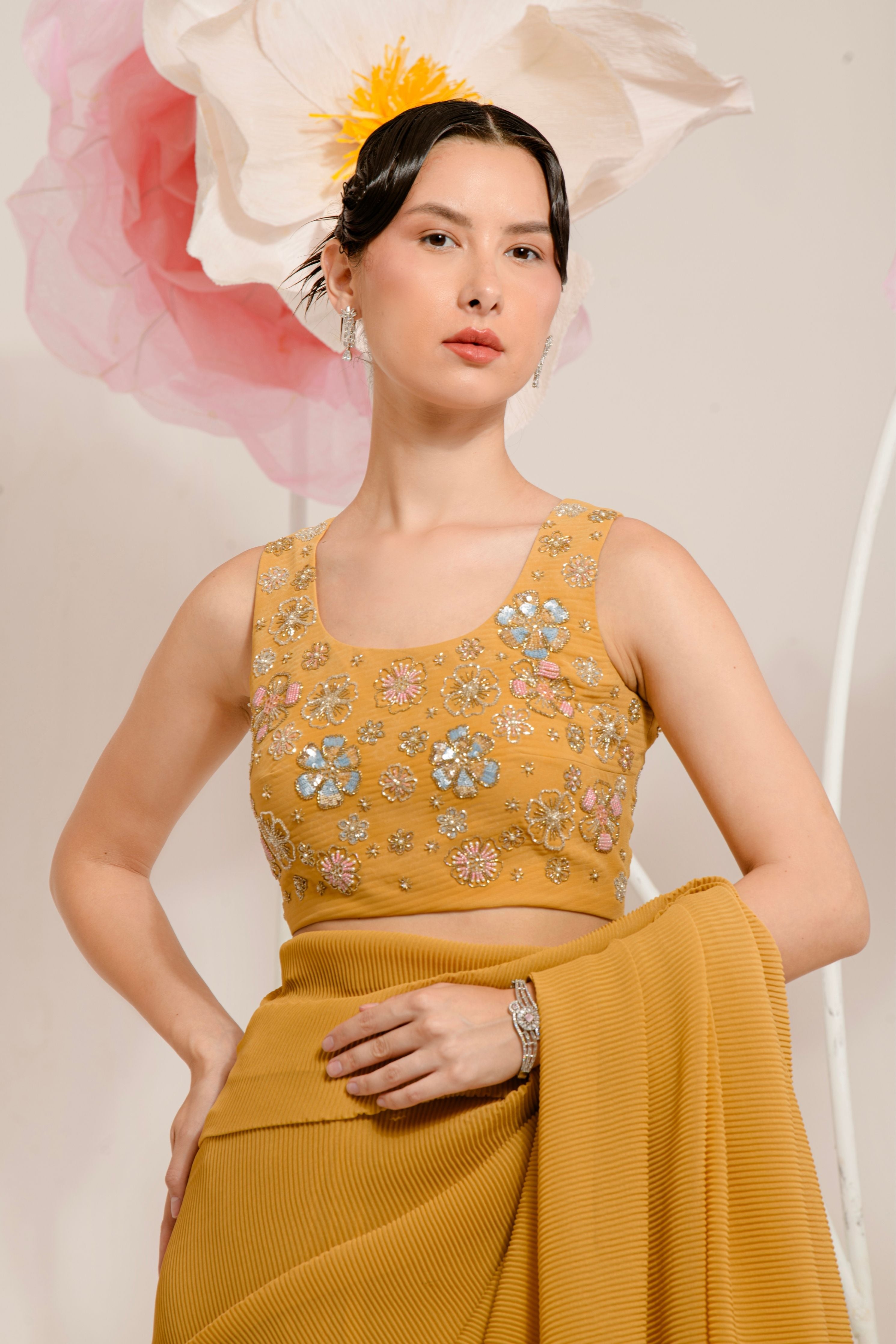 Pre-Draped Mustard Pleated Saree