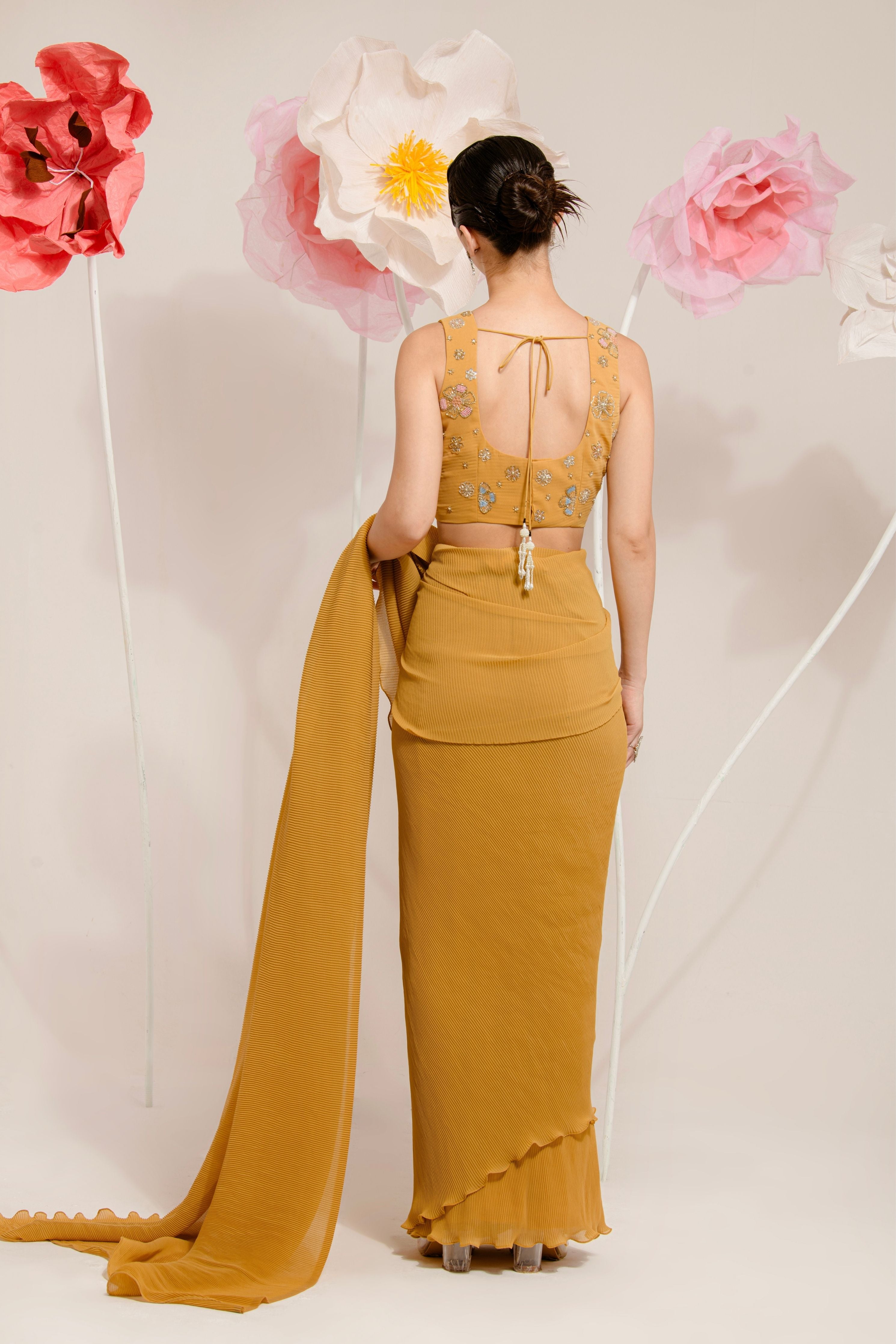 Pre-Draped Mustard Pleated Saree