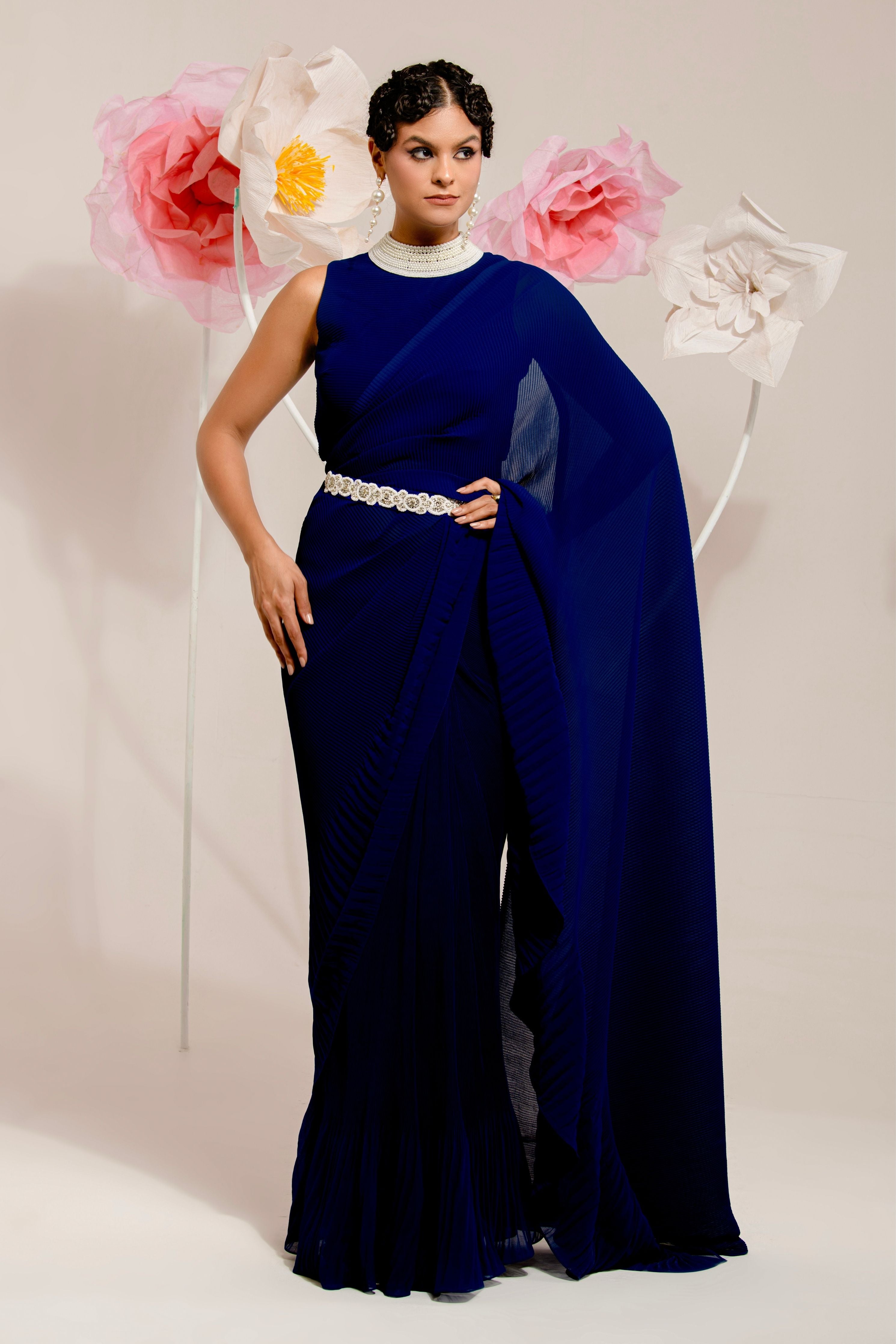 Pre-Draped Navy Blue Saree