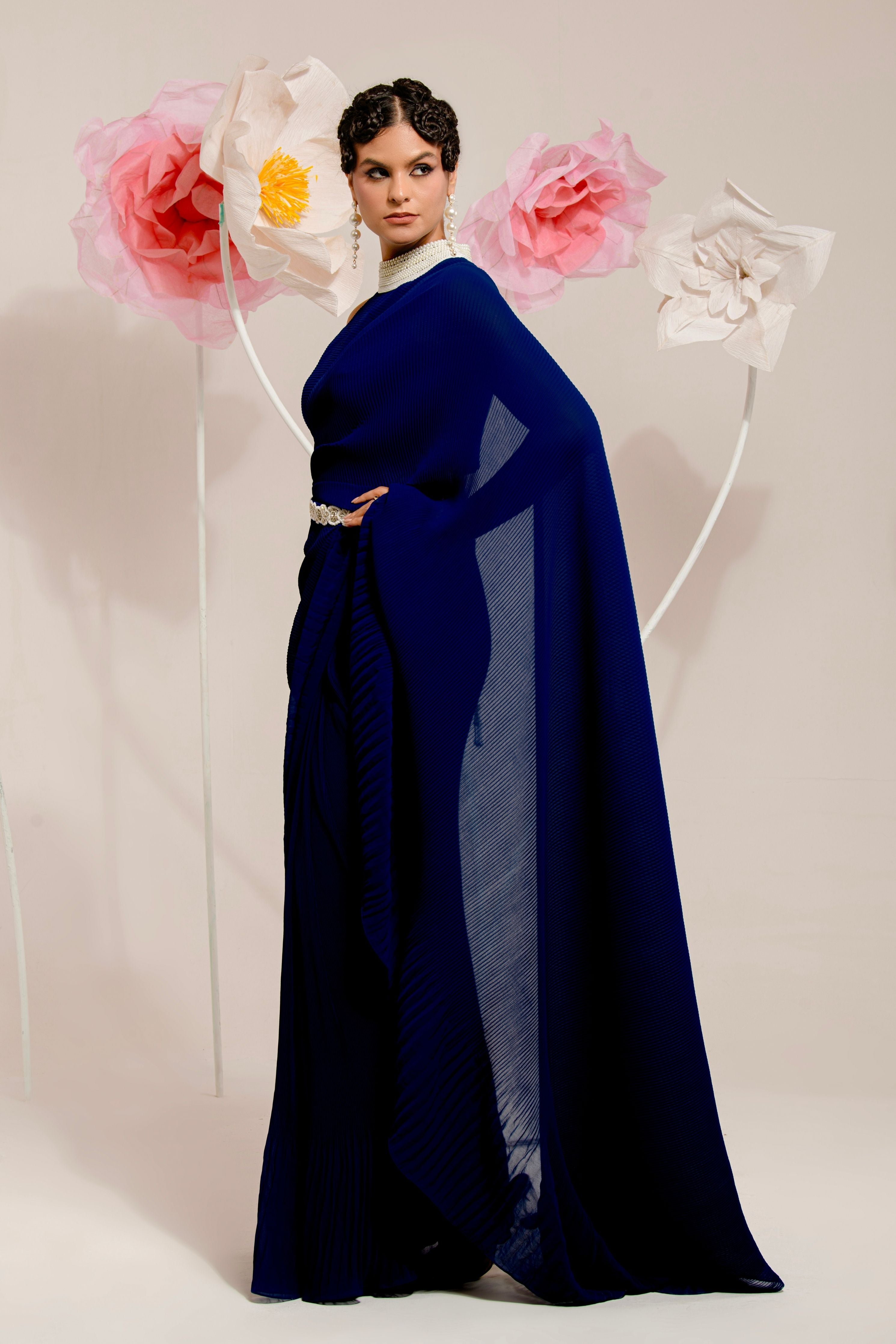 Pre-Draped Navy Blue Saree