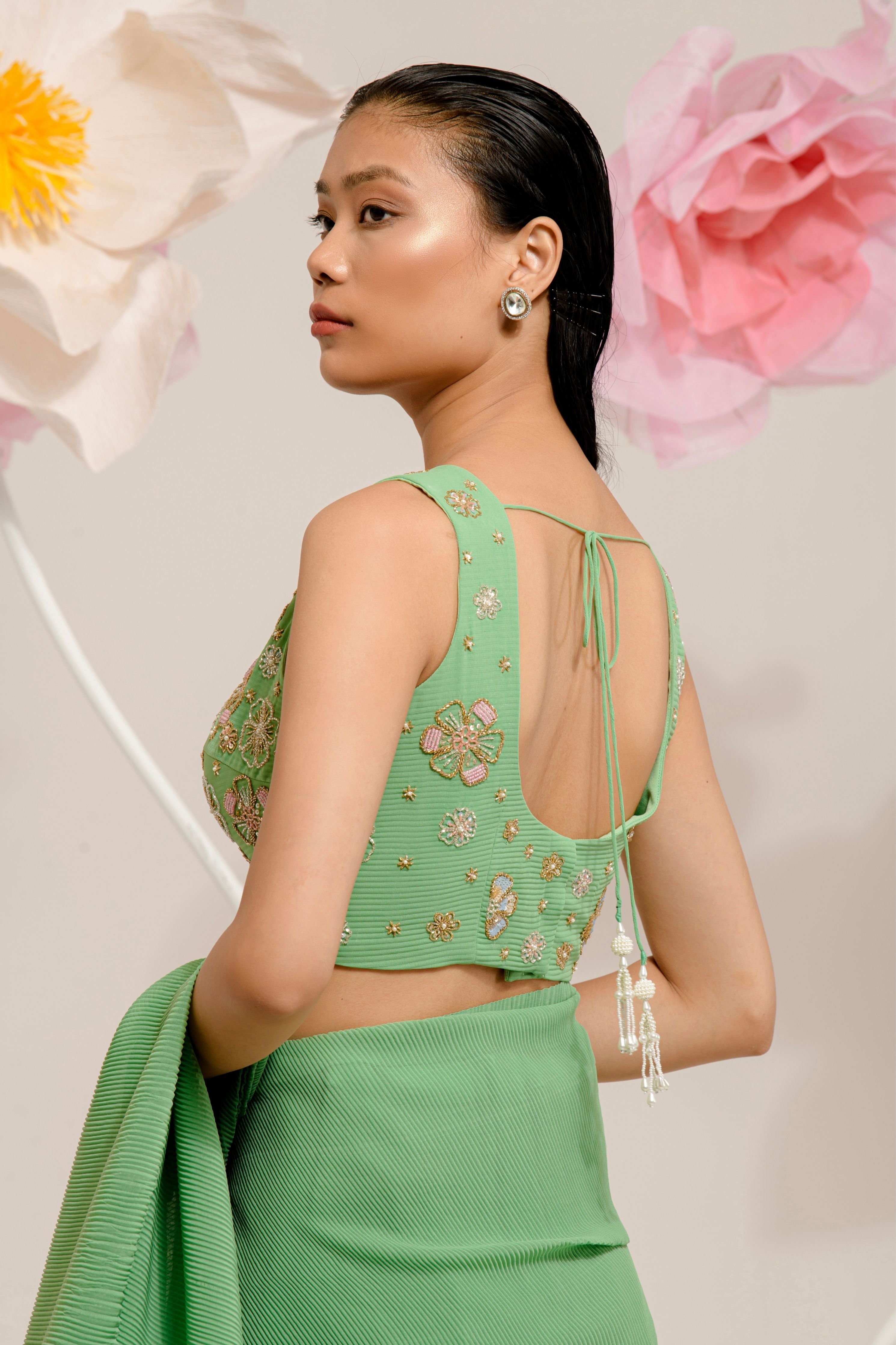 Pre-Draped Olive Green Pleated Saree