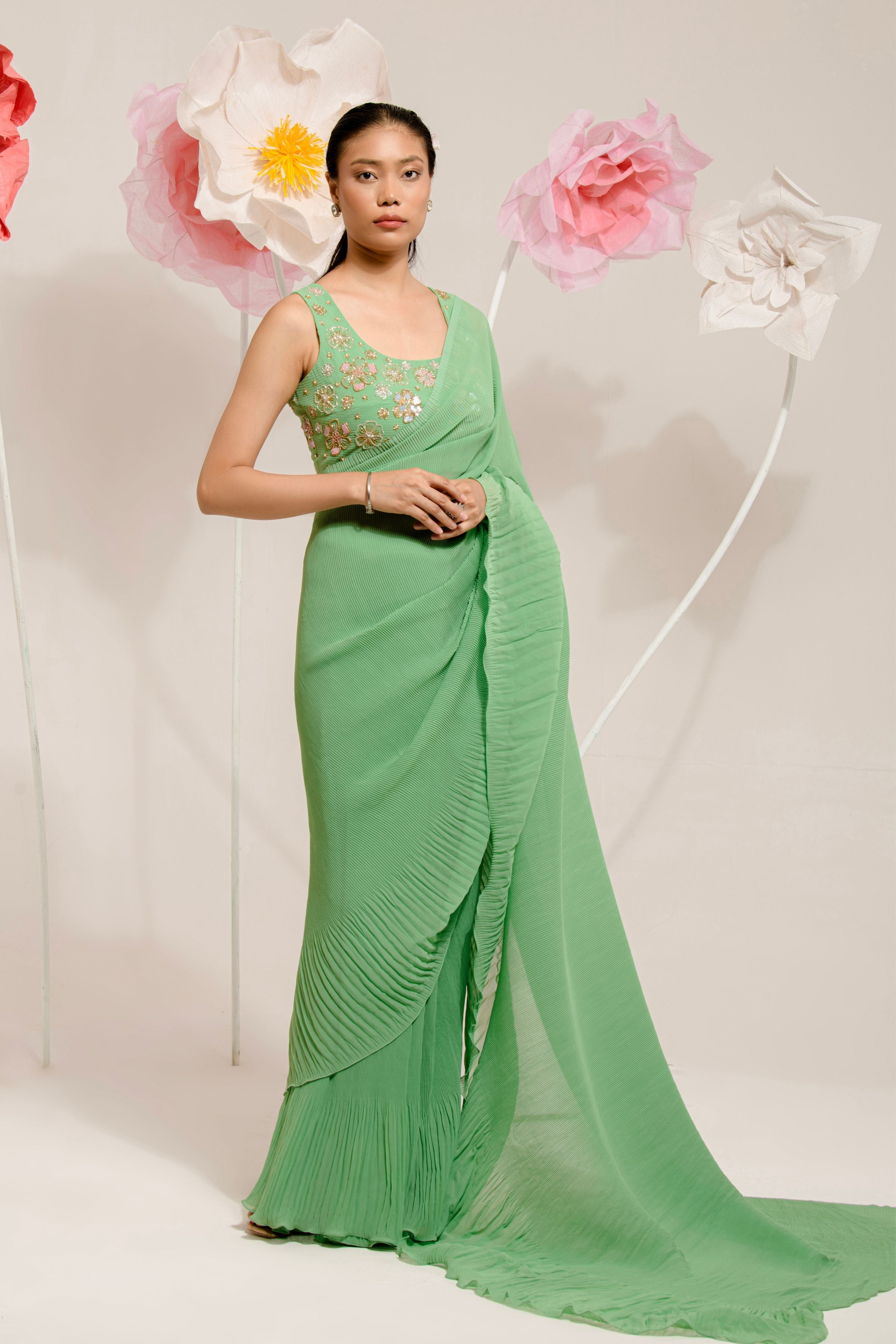 Pre-Draped Olive Green Pleated Saree