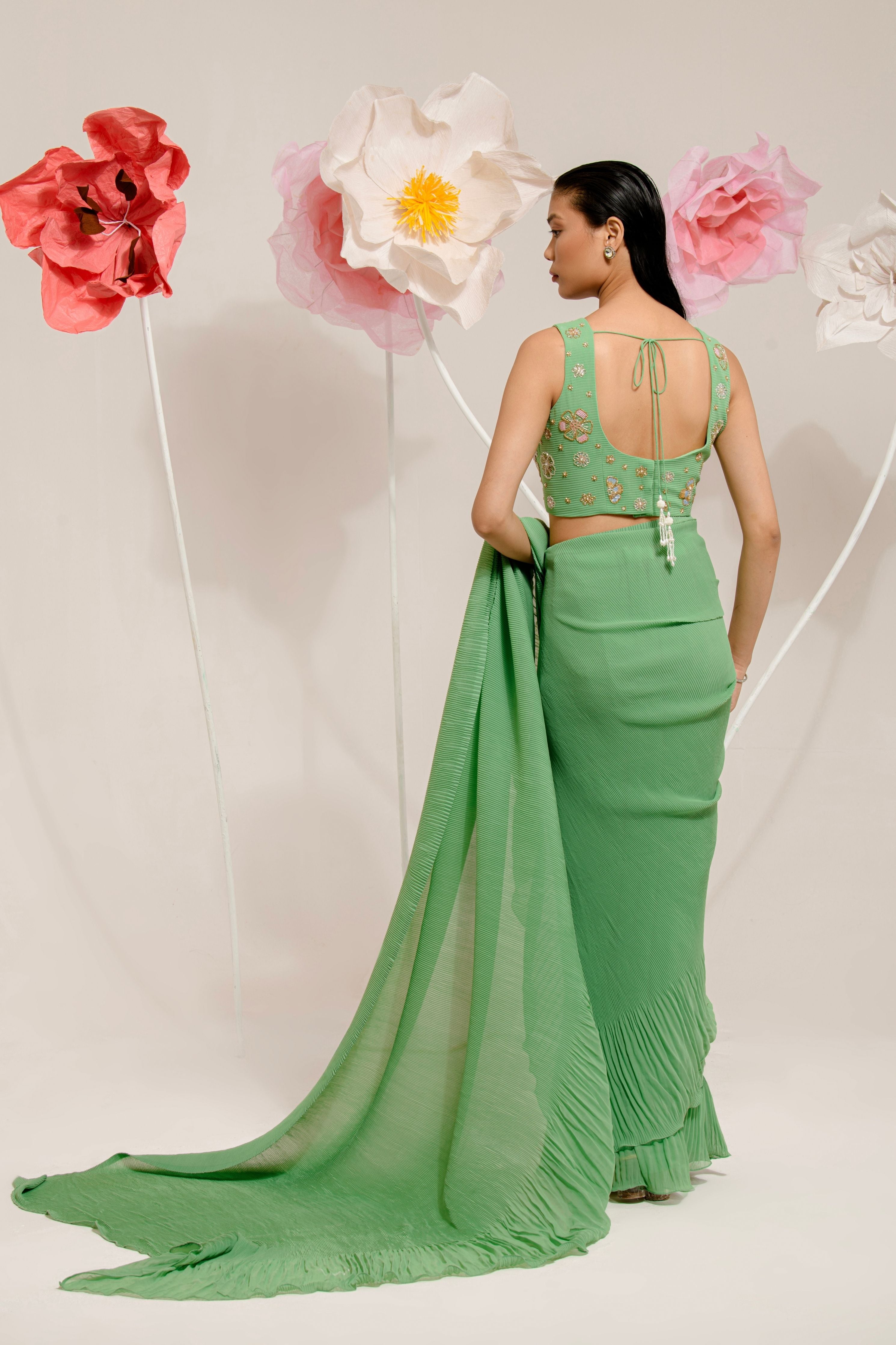 Pre-Draped Olive Green Pleated Saree