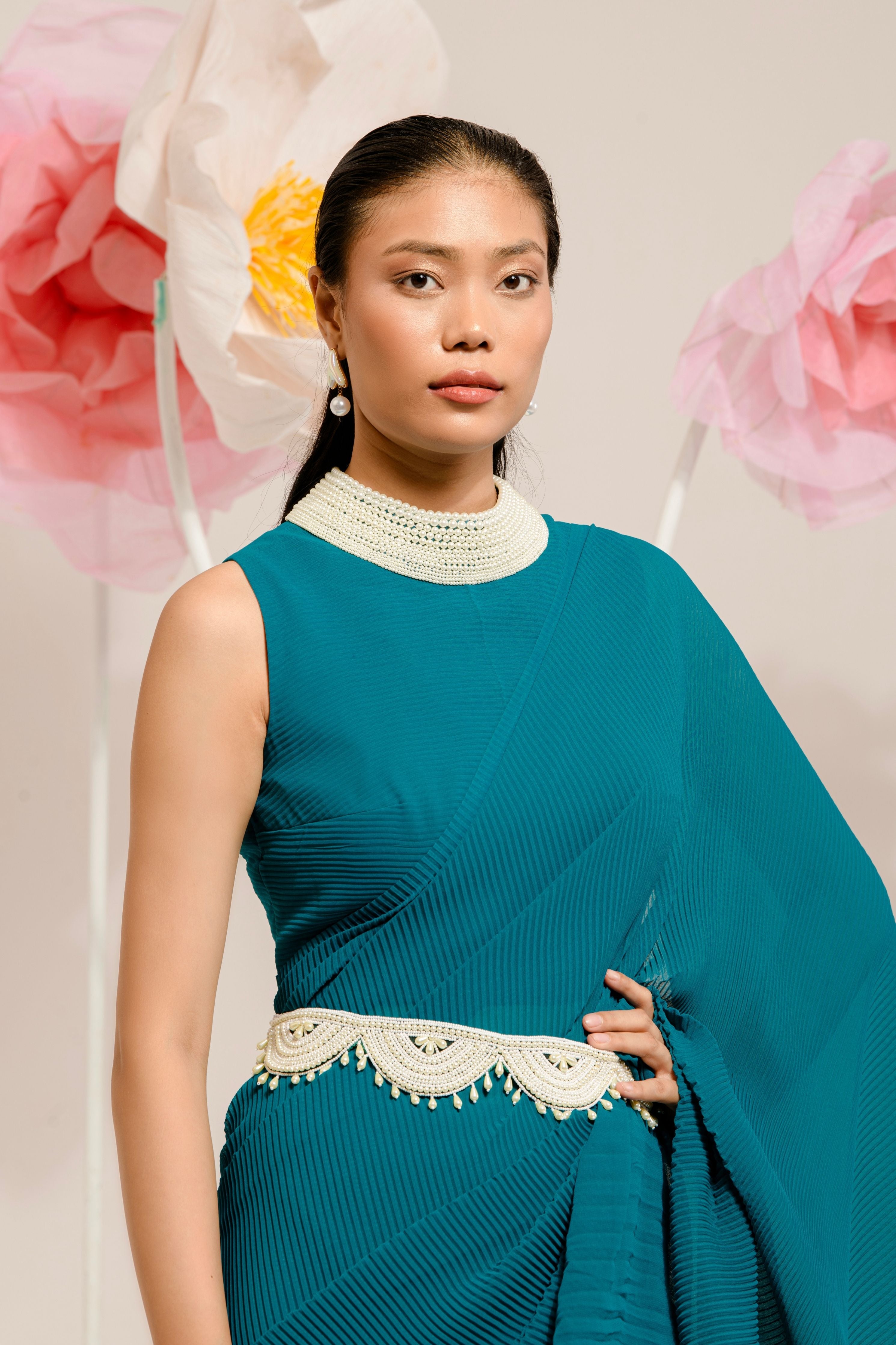 Pre-Draped Peacock Green Saree