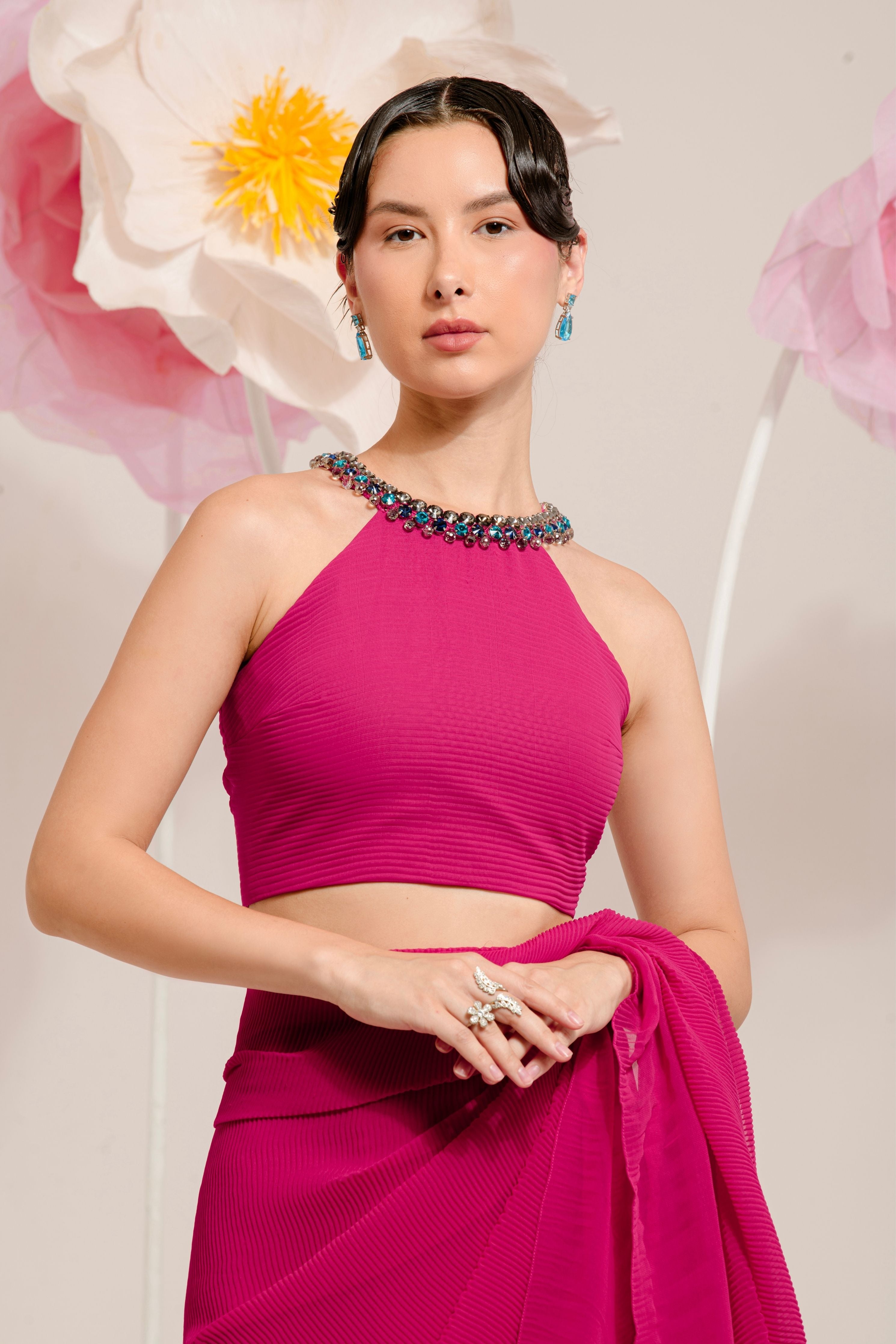 Pre-Draped Raspberry Pink Pleated Saree