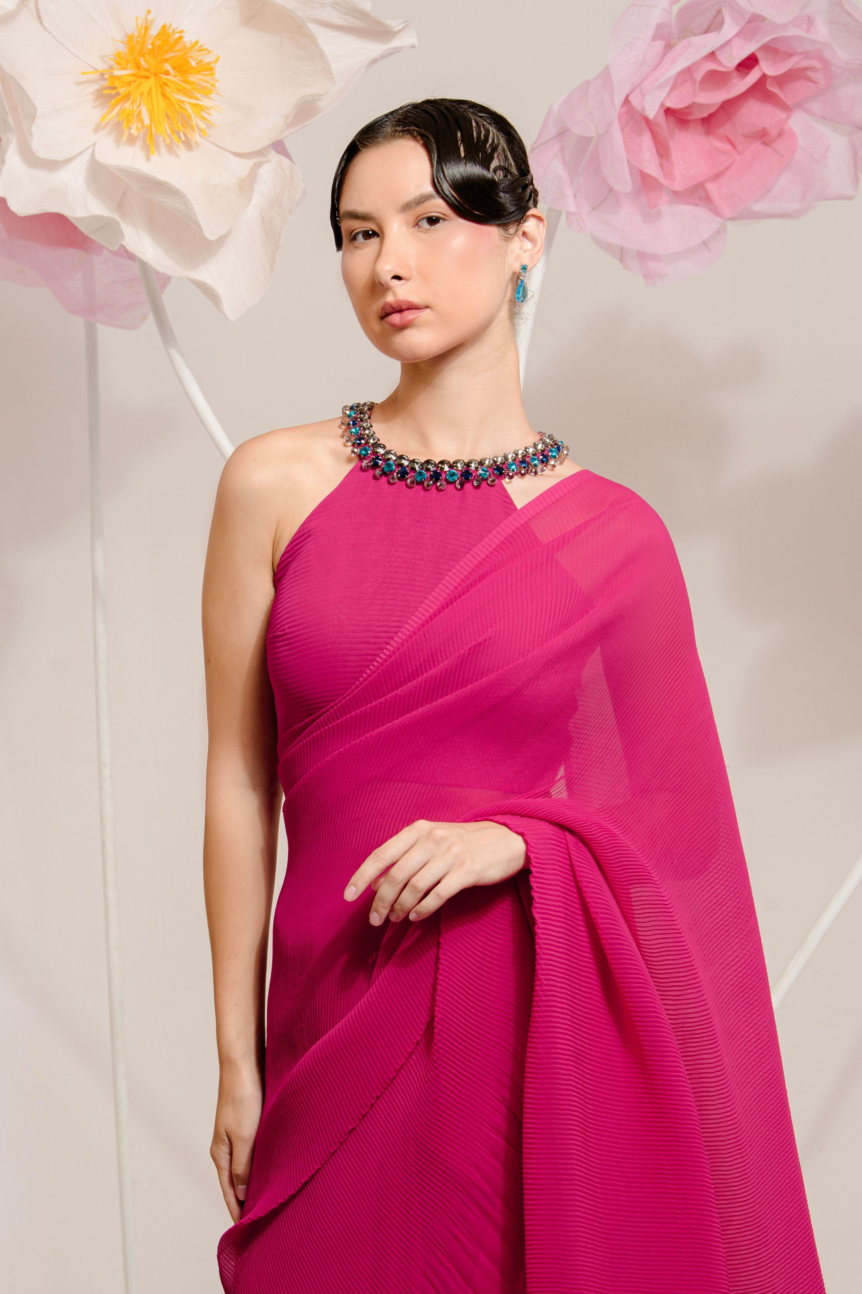 Pre-Draped Raspberry Pink Pleated Saree