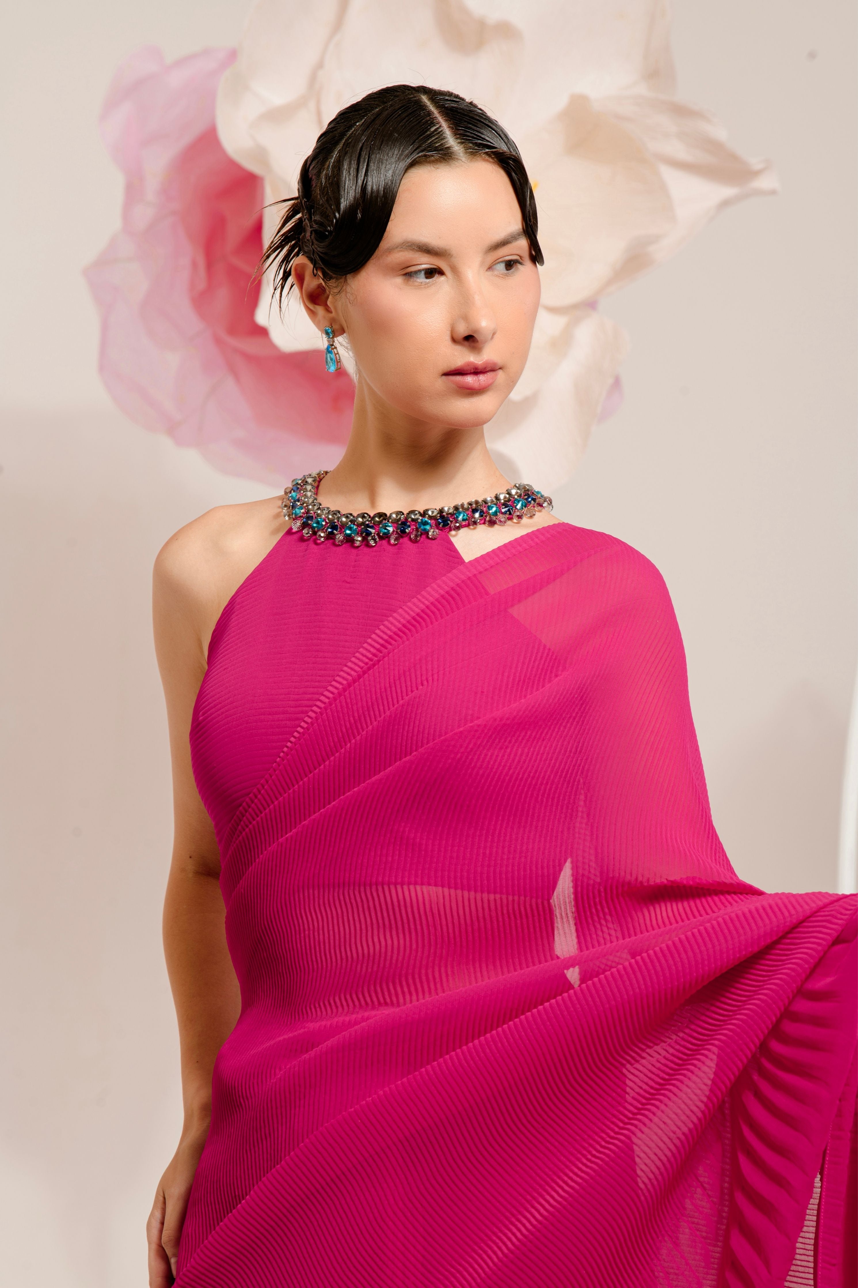 Pre-Draped Raspberry Pink Pleated Saree