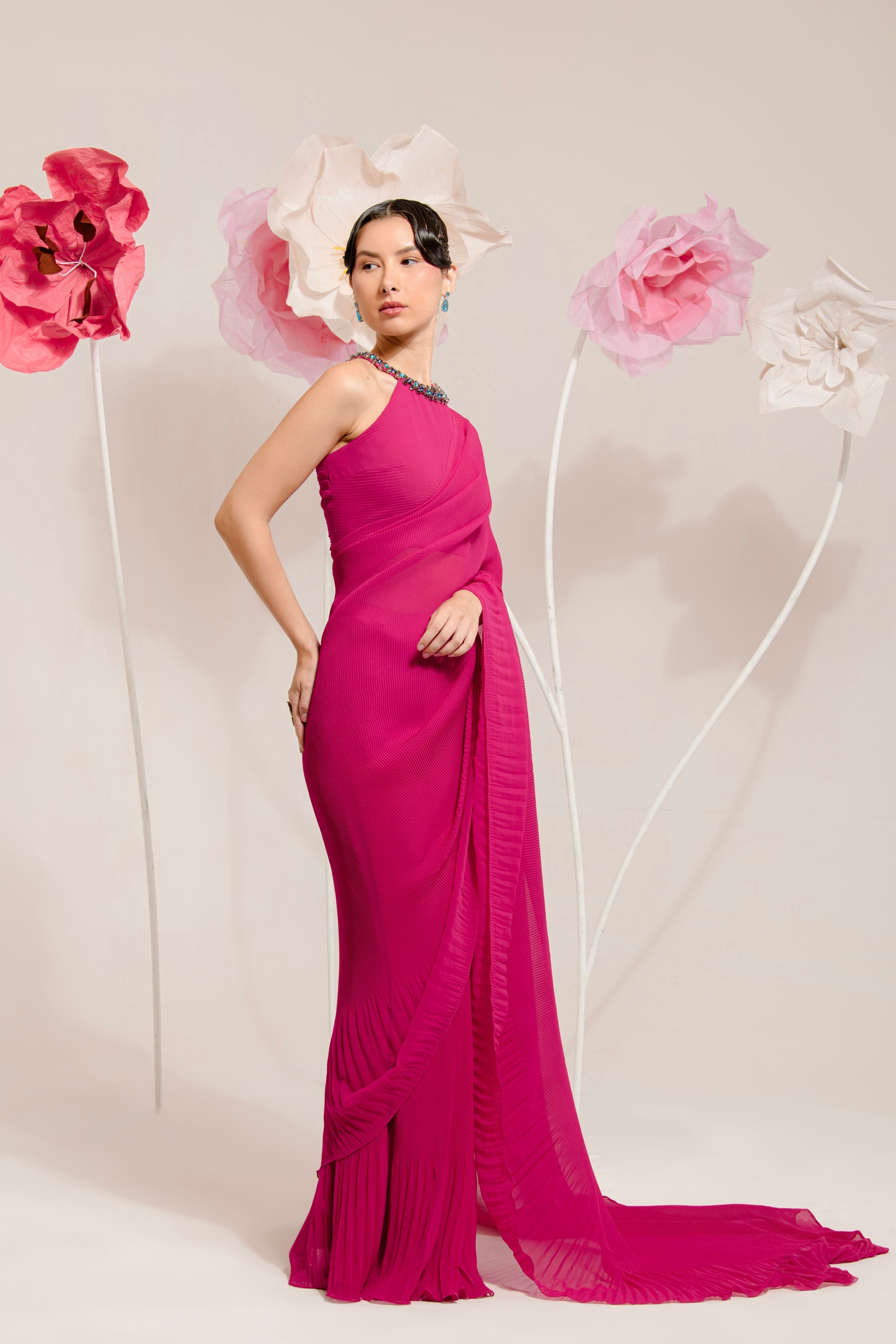 Pre-Draped Raspberry Pink Pleated Saree