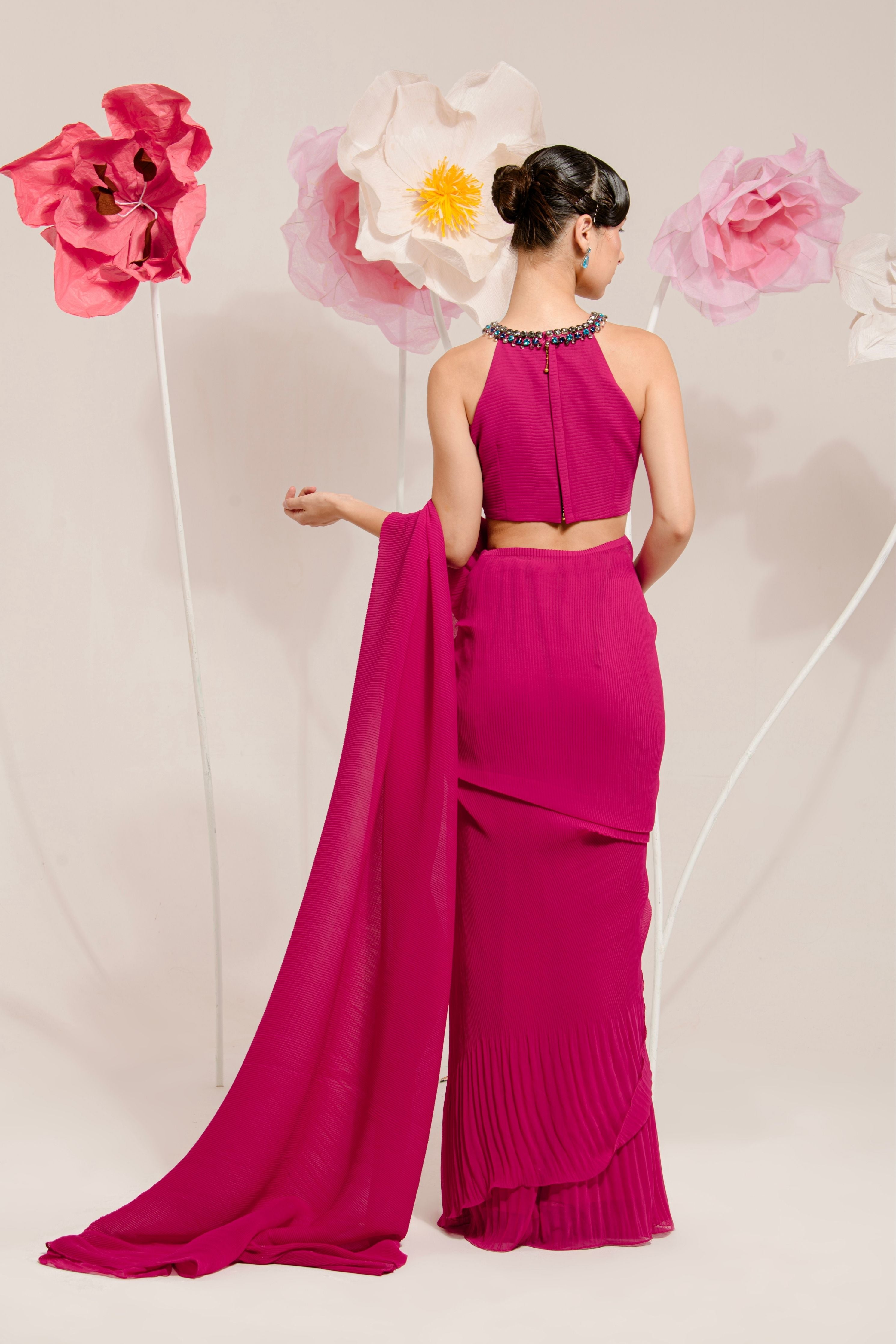 Pre-Draped Raspberry Pink Pleated Saree