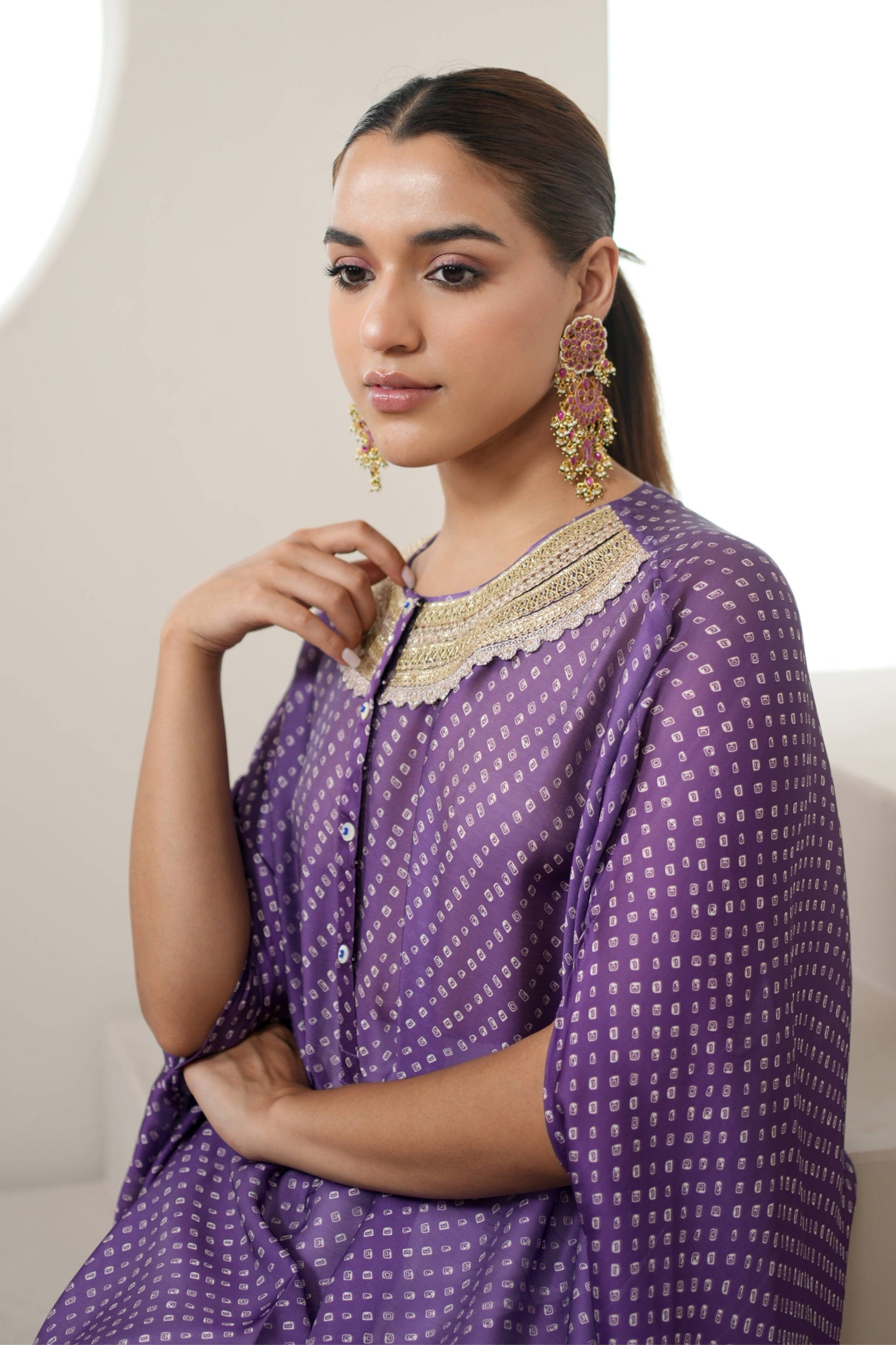 Purple Bandhej Kurta Set