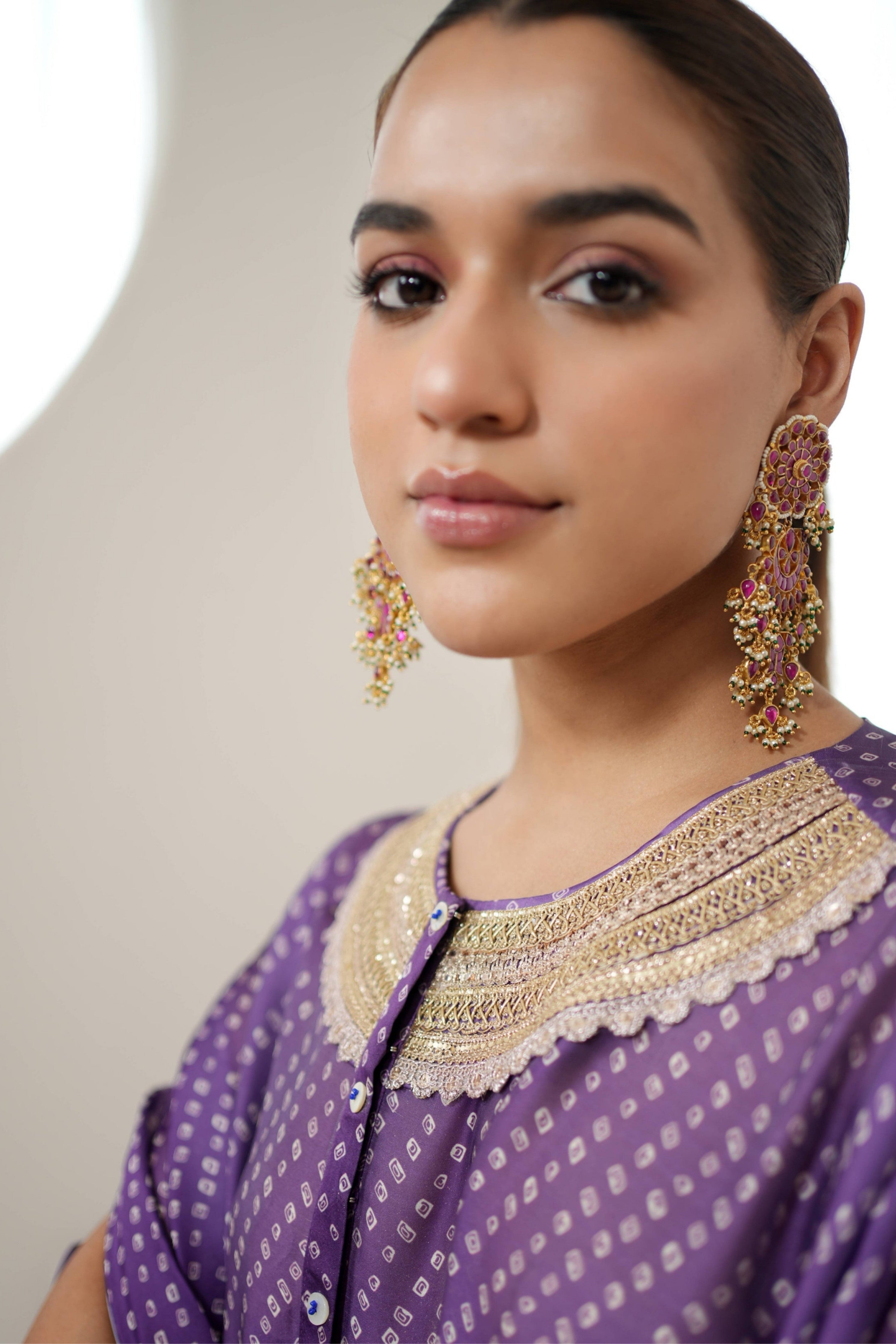 Purple Bandhej Kurta Set